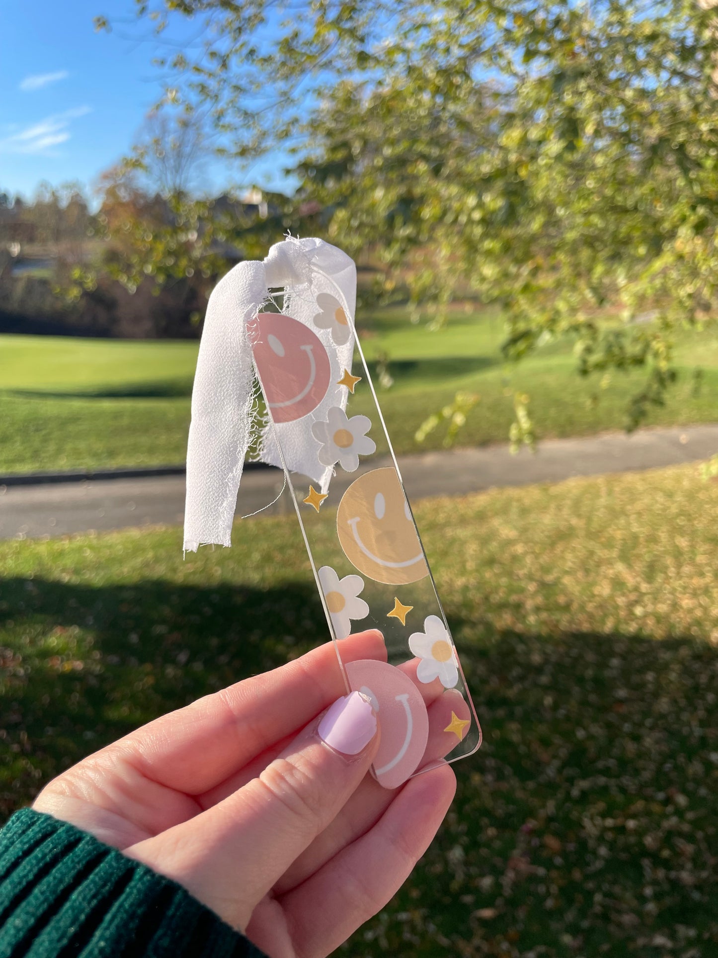 Smiley and Daises Cute Acrylic Bookmark with Chiffon Ribbon