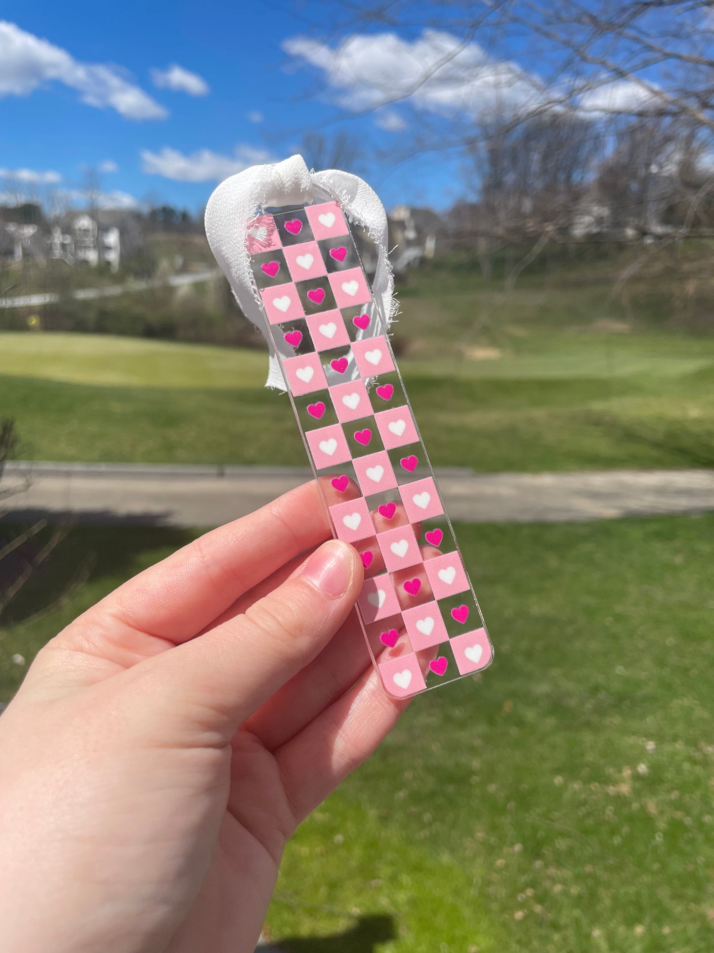 Pink and Red Checkered Hearts Clear Acrylic Bookmark with Chiffon Ribbon