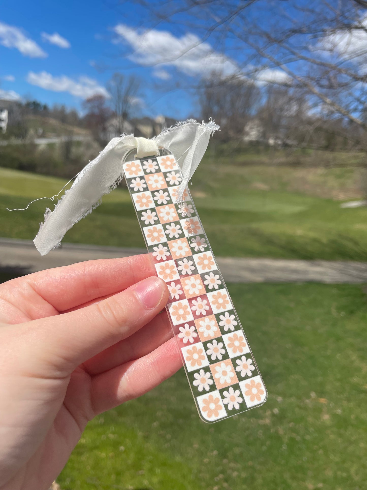 Orange and White Checkered Flowers Clear Acrylic Bookmark with Chiffon Ribbon