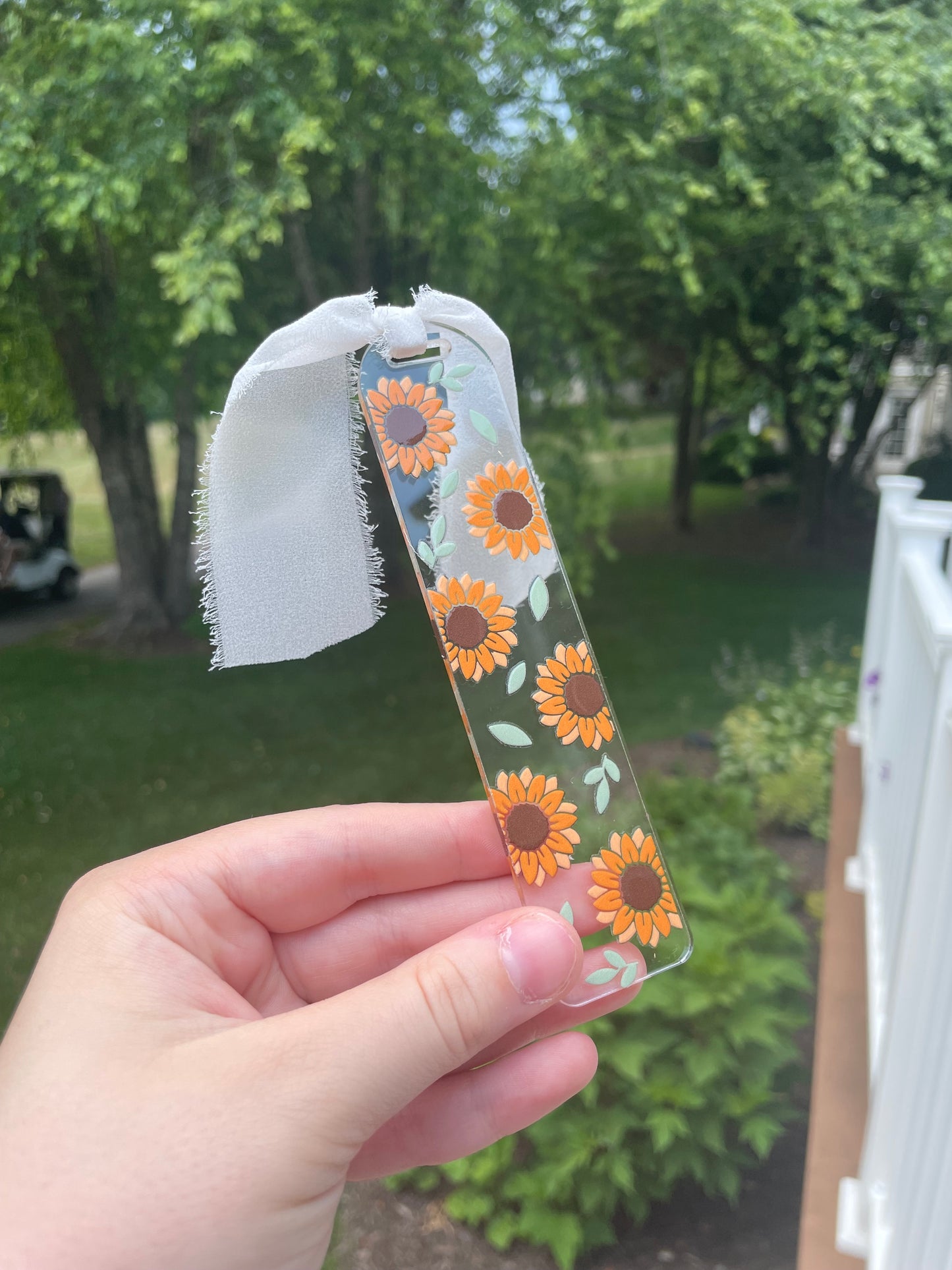Blooming Sunflower Clear Acrylic Bookmark with Chiffon Ribbon