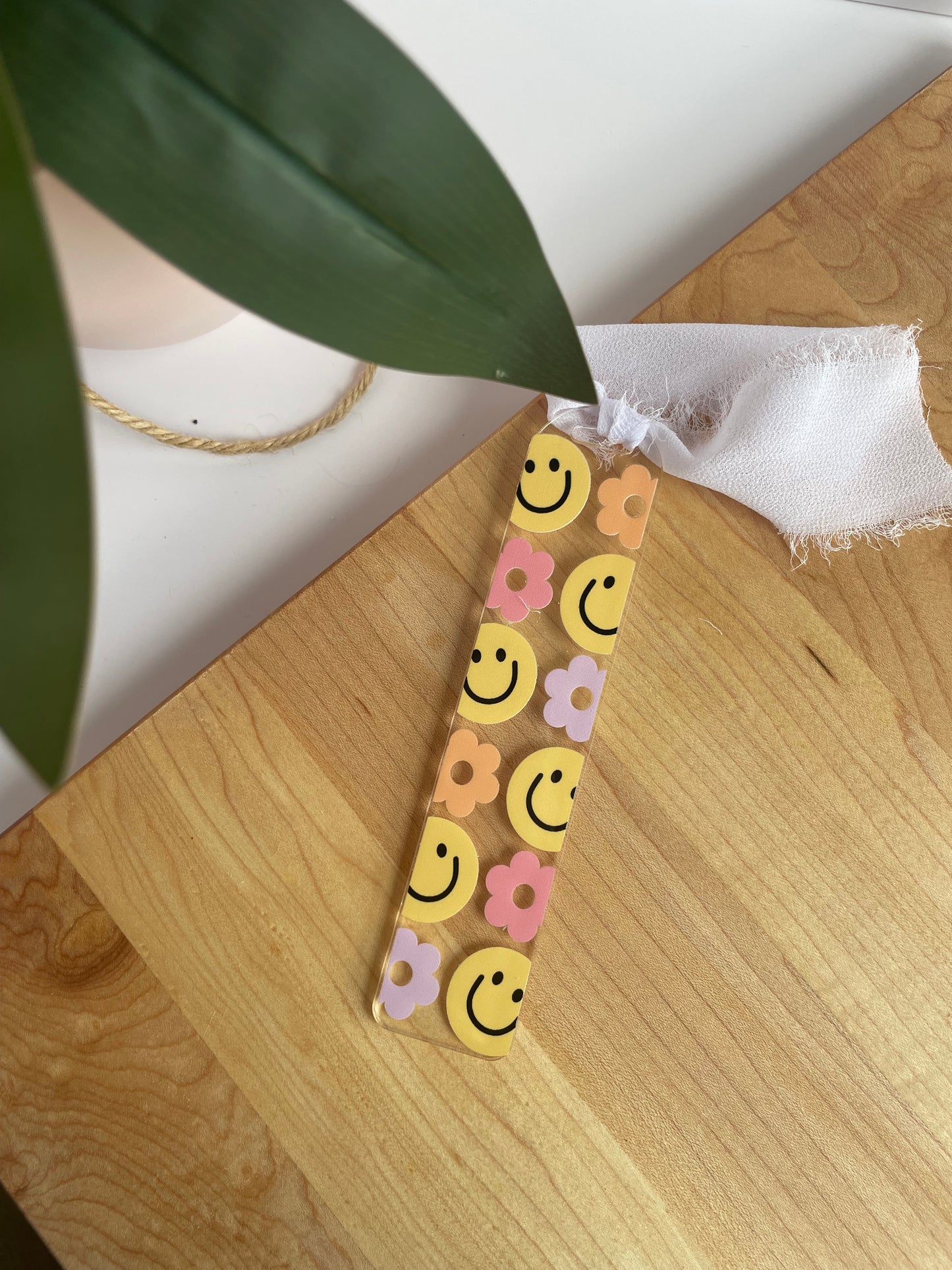 Groovy Smiley Faces Clear Acrylic Bookmark with Chiffon Ribbon