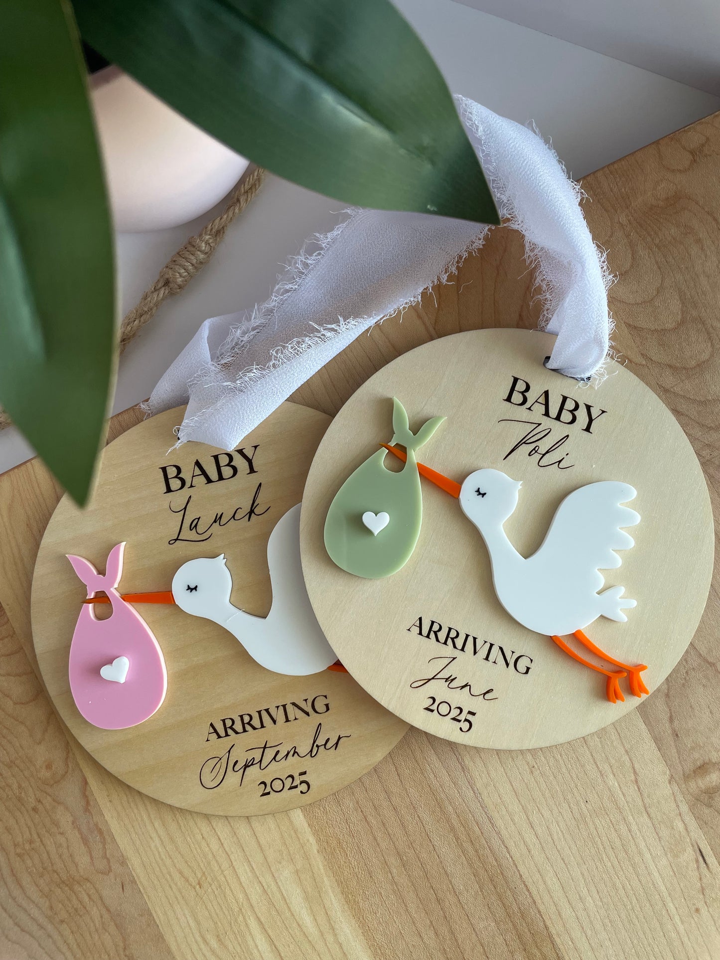 Arriving Baby Stork Wooden Gift Tag with Chiffon Ribbon