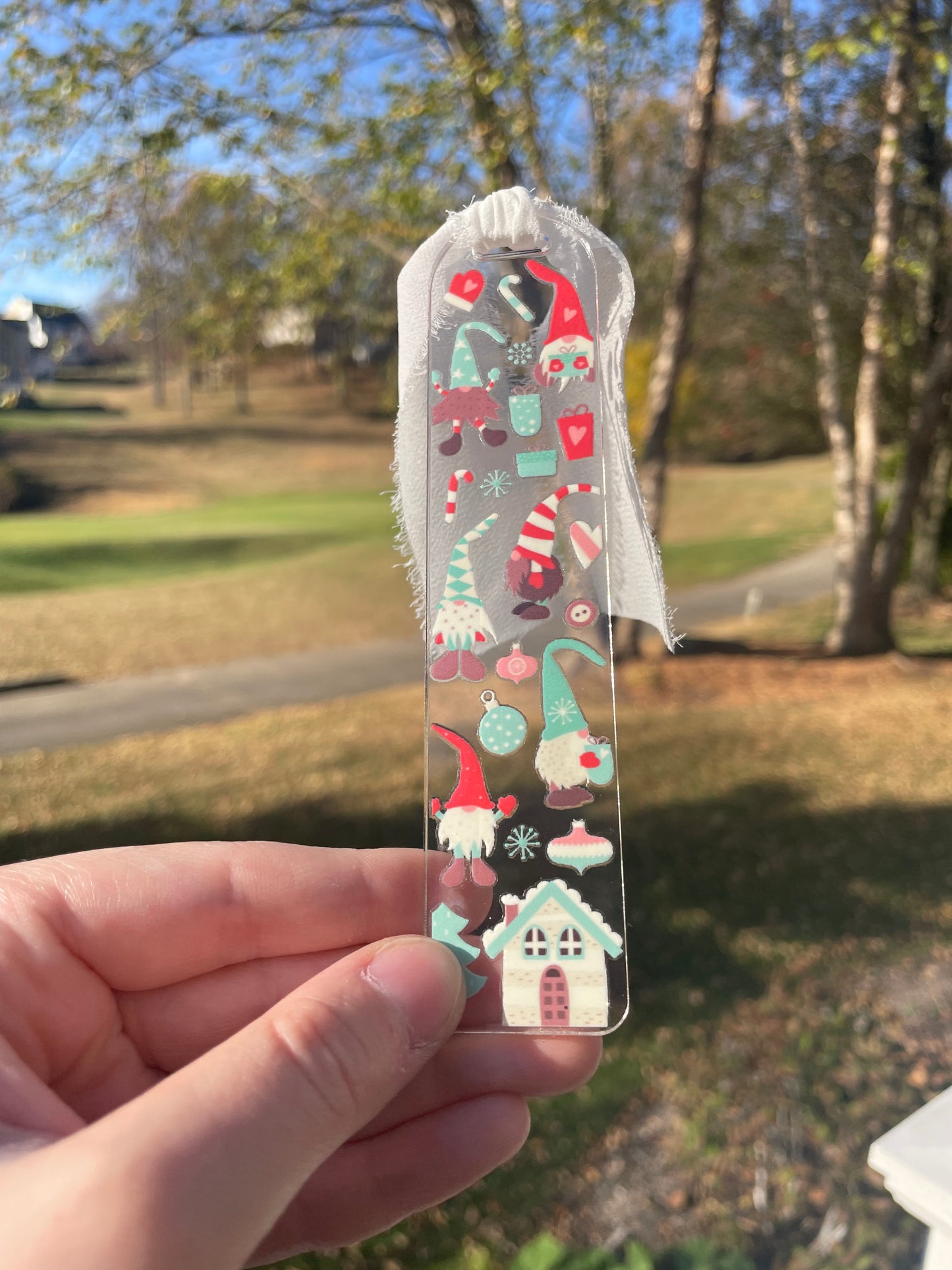 Holiday Gnomes Clear Acrylic Bookmark with Chiffon Ribbon