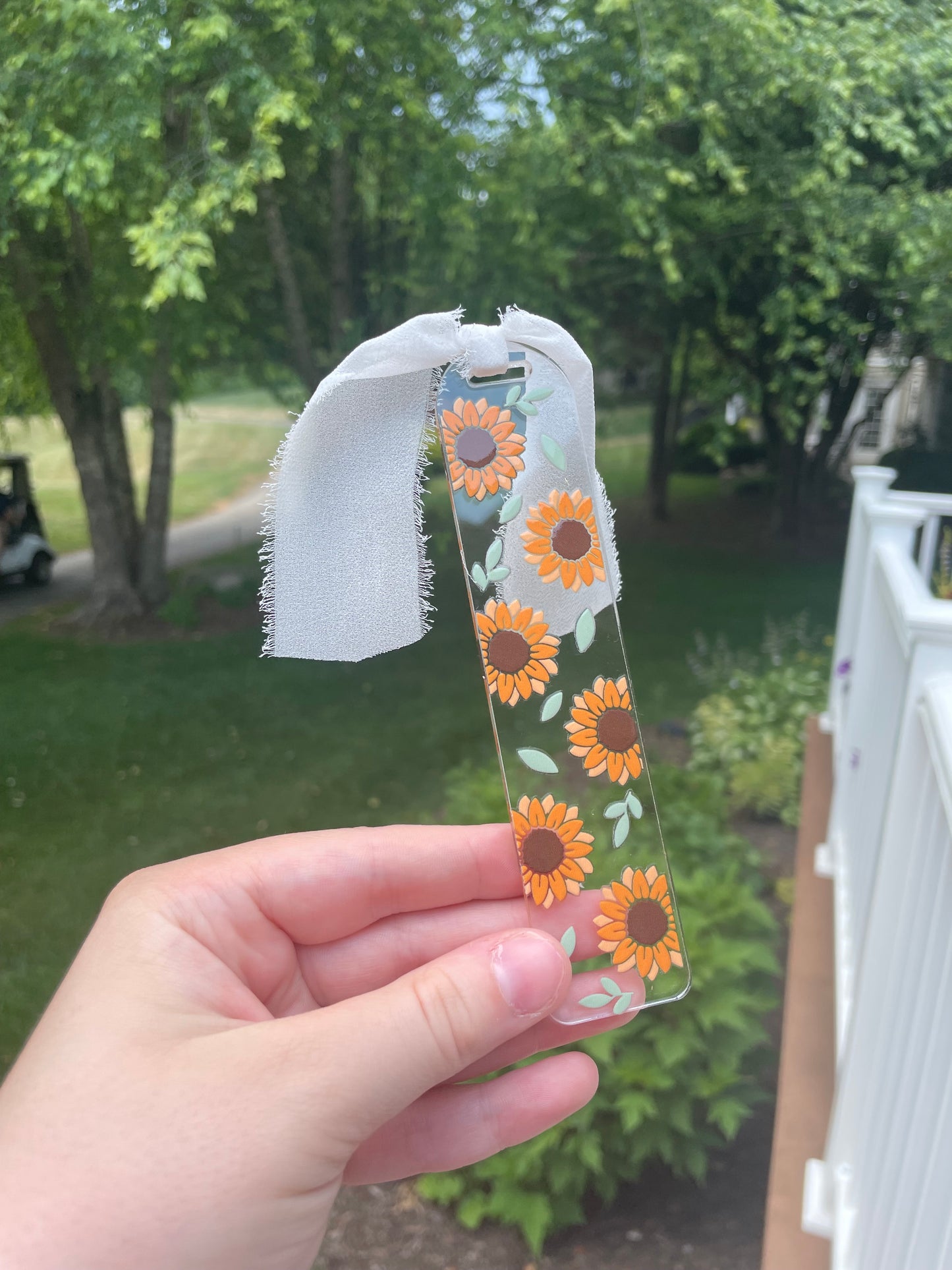Blooming Sunflower Clear Acrylic Bookmark with Chiffon Ribbon