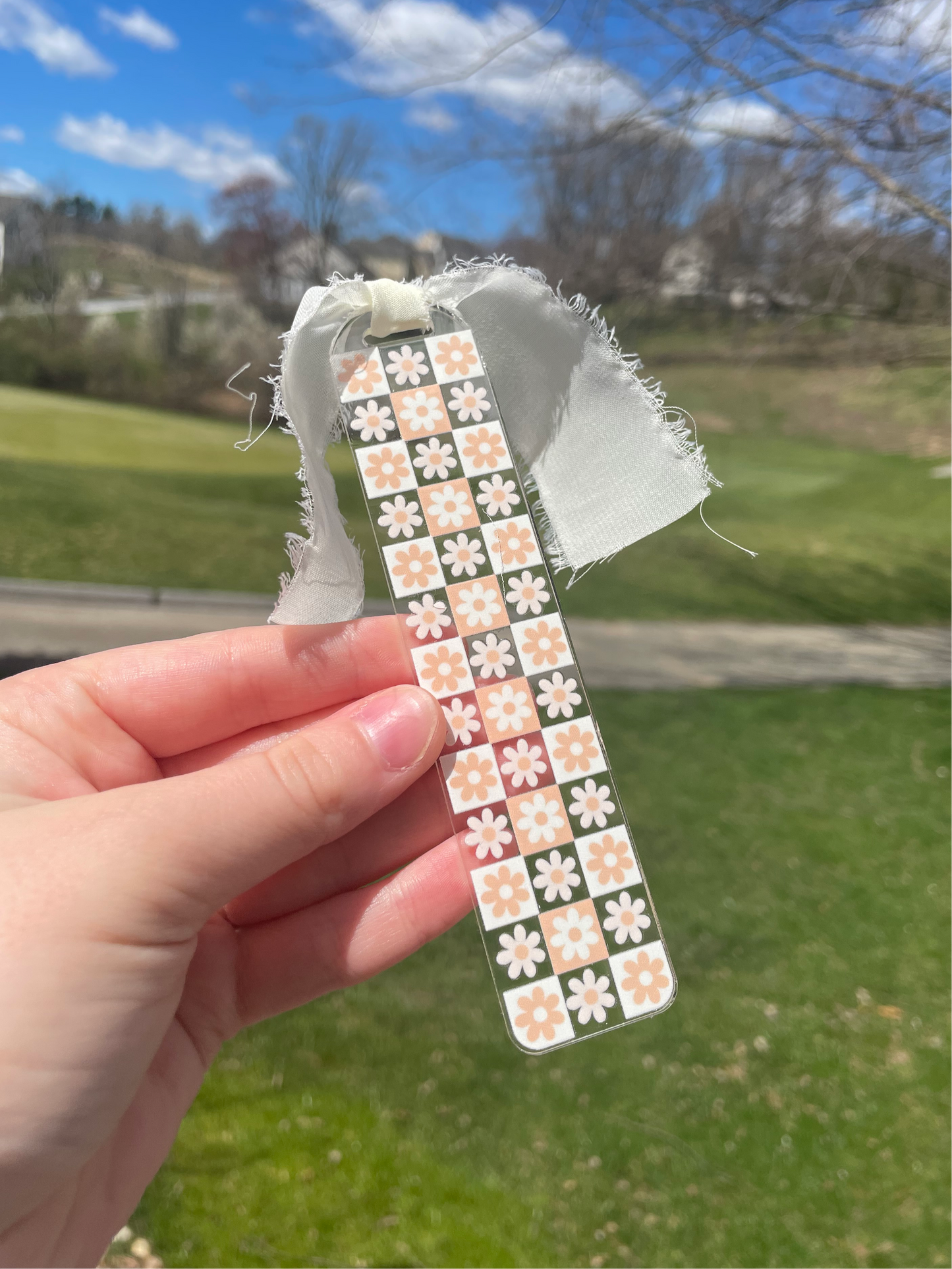 Orange and White Checkered Flowers Clear Acrylic Bookmark with Chiffon Ribbon