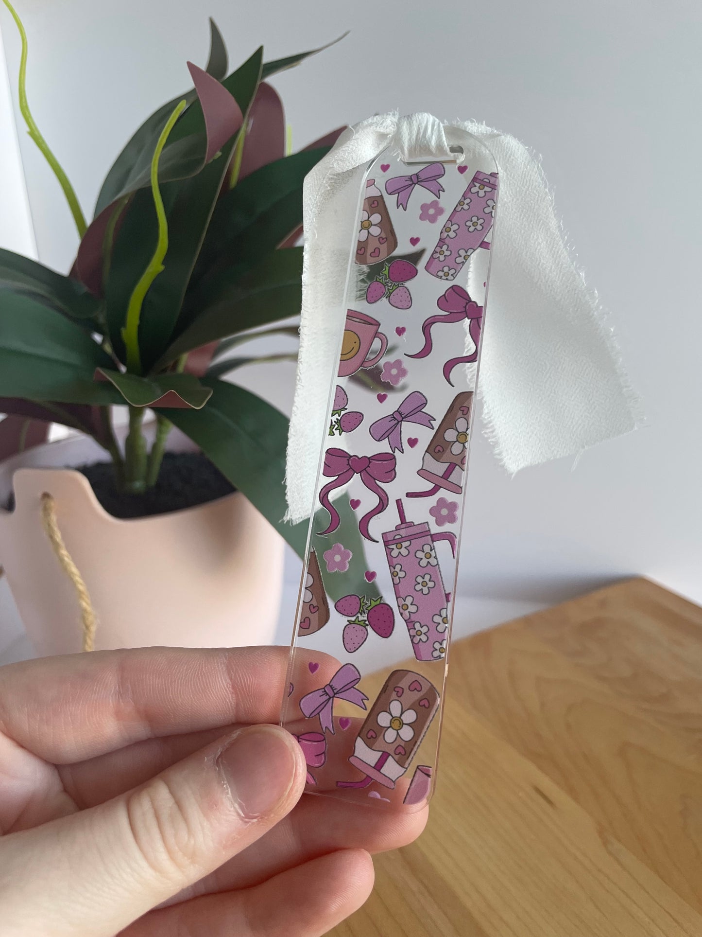 Pink Groovy Girl Clear Acrylic Bookmark with Chiffon Ribbon