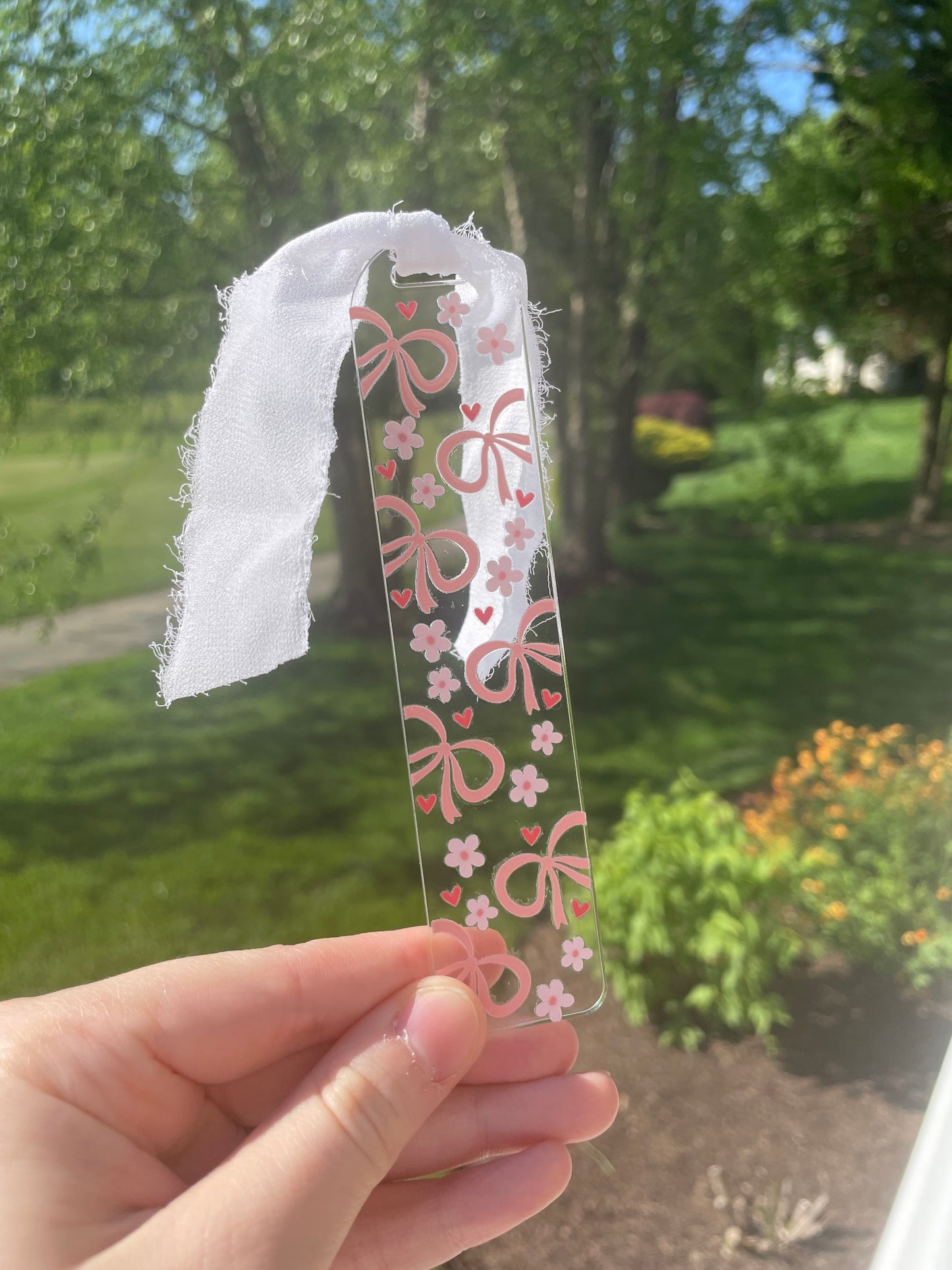 Beautiful Bows and Flowers Clear Acrylic Bookmark with Chiffon Ribbon