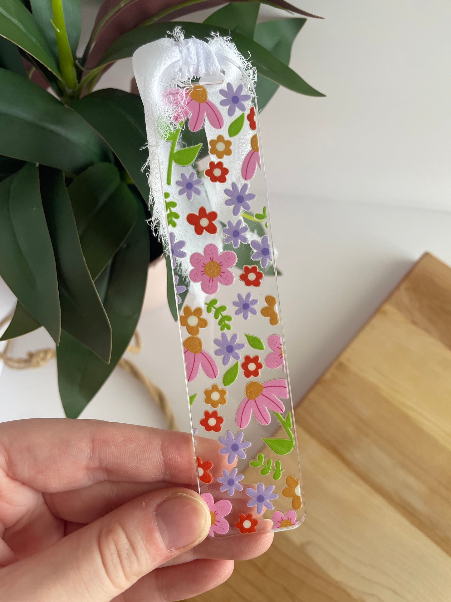 Spring Florals Clear Acrylic Bookmark with Chiffon Ribbon