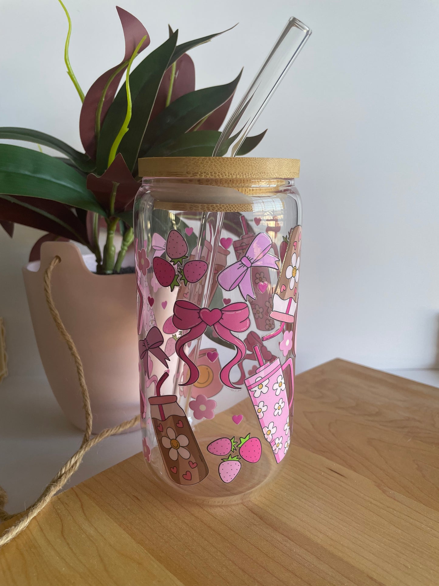 Pink Groovy Girly Glass Cup with Bamboo Lid and Glass Straw