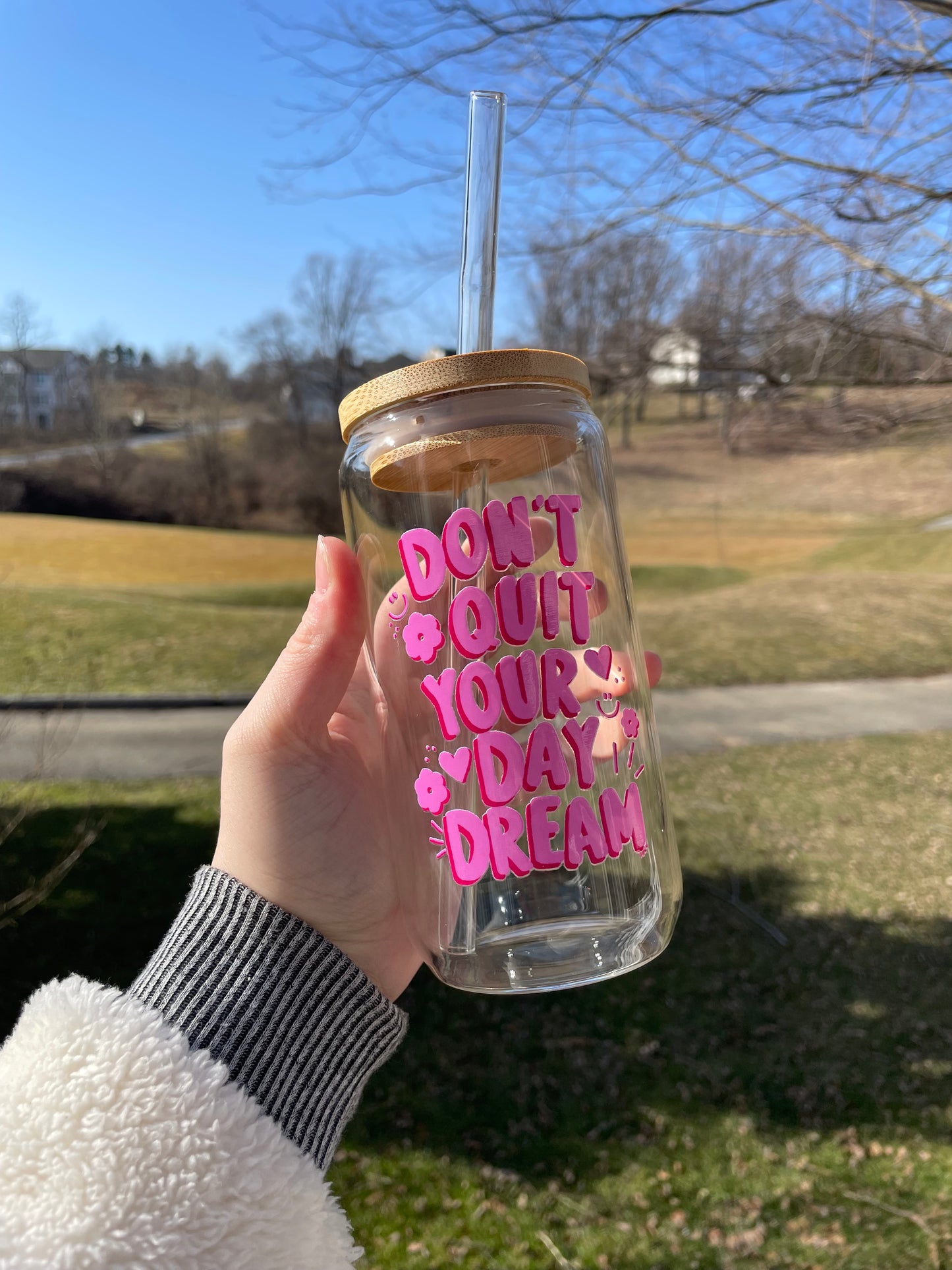 Don’t Quit Your Daydream Doodles Glass Cup with Bamboo Lid and Glass Straw