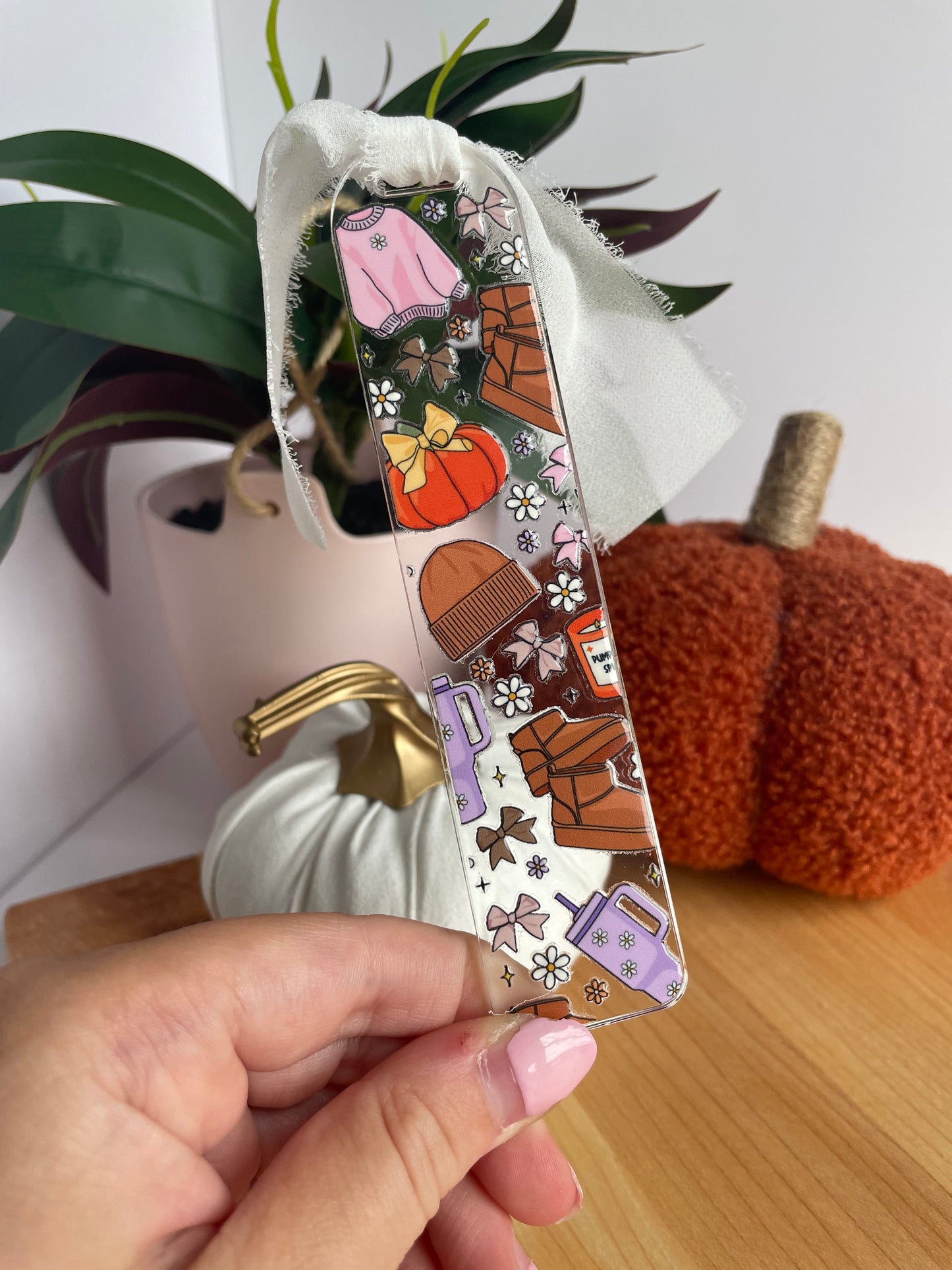Comfy Fall Outfit Clear Acrylic Bookmark with Chiffon Ribbon