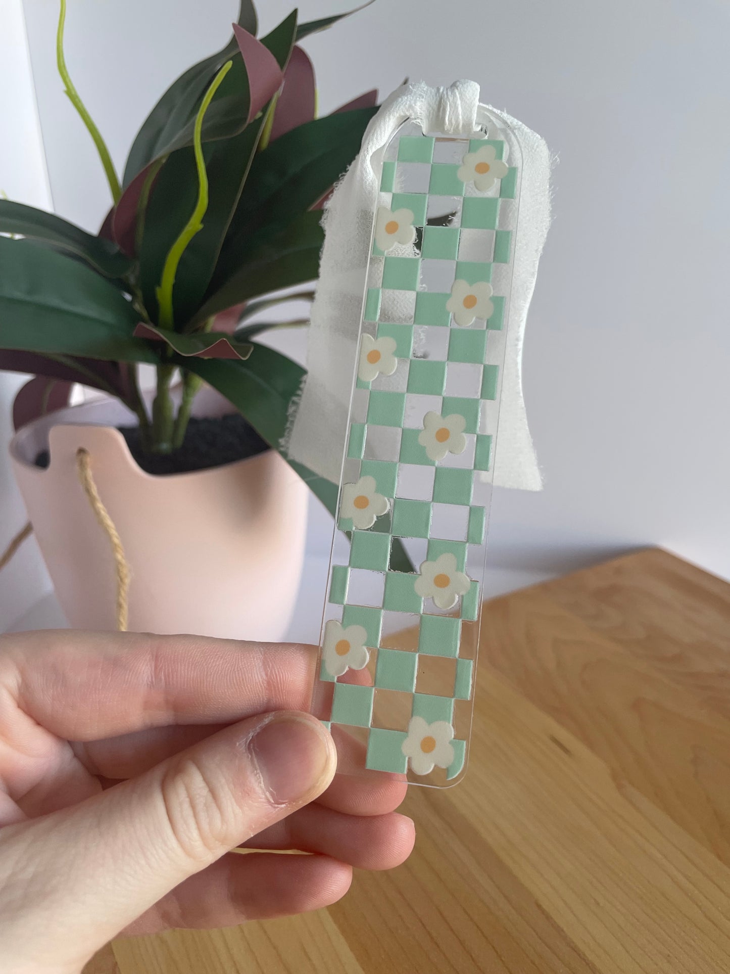 Teal Checkered Daises Clear Acrylic Bookmark with Chiffon Ribbon