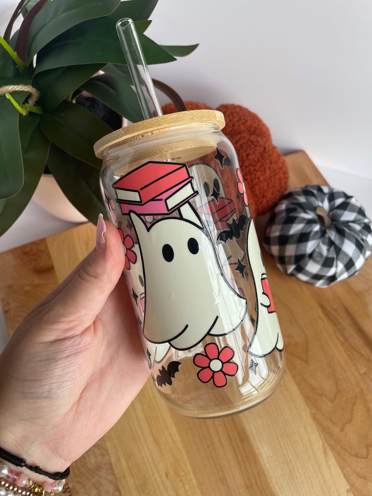 Bookish Ghosts Glass Cup with Bamboo Lid and Glass Straw