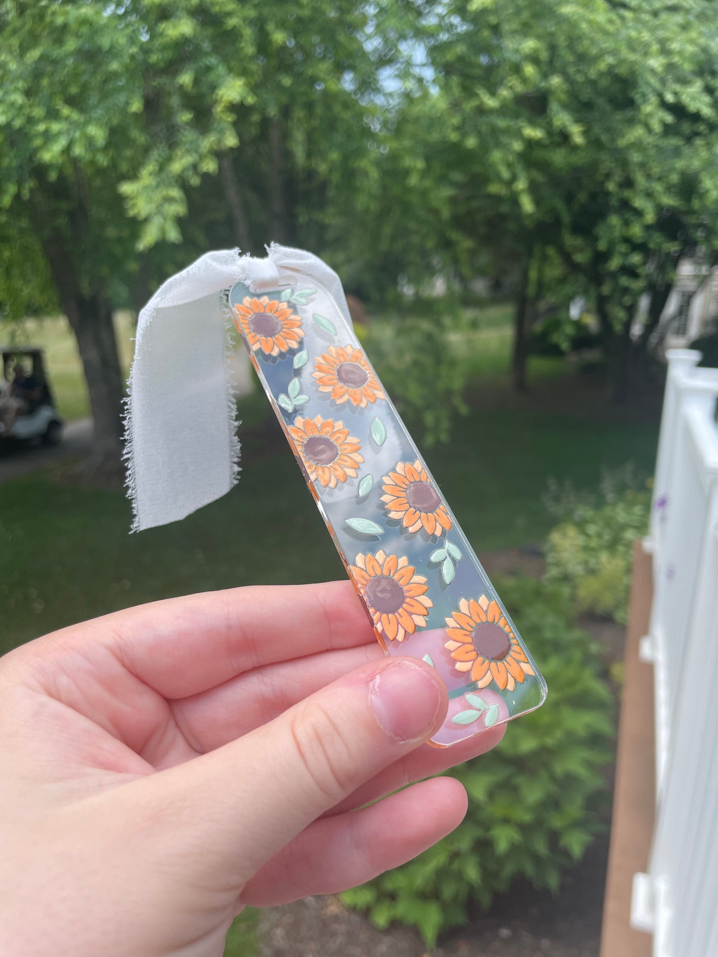 Blooming Sunflower Clear Acrylic Bookmark with Chiffon Ribbon