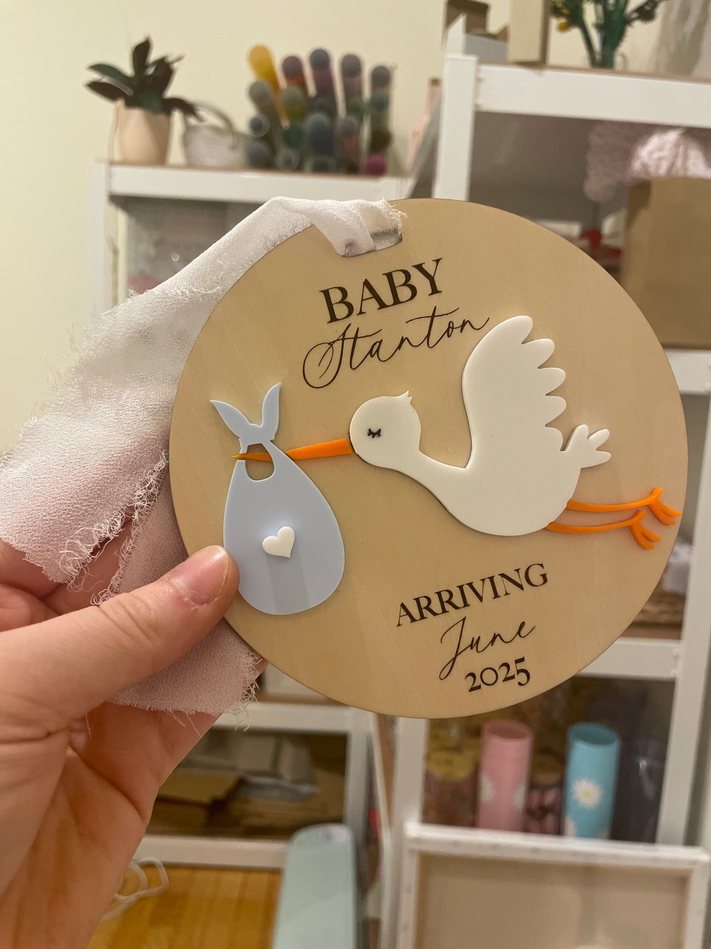 Arriving Baby Stork Wooden Gift Tag with Chiffon Ribbon