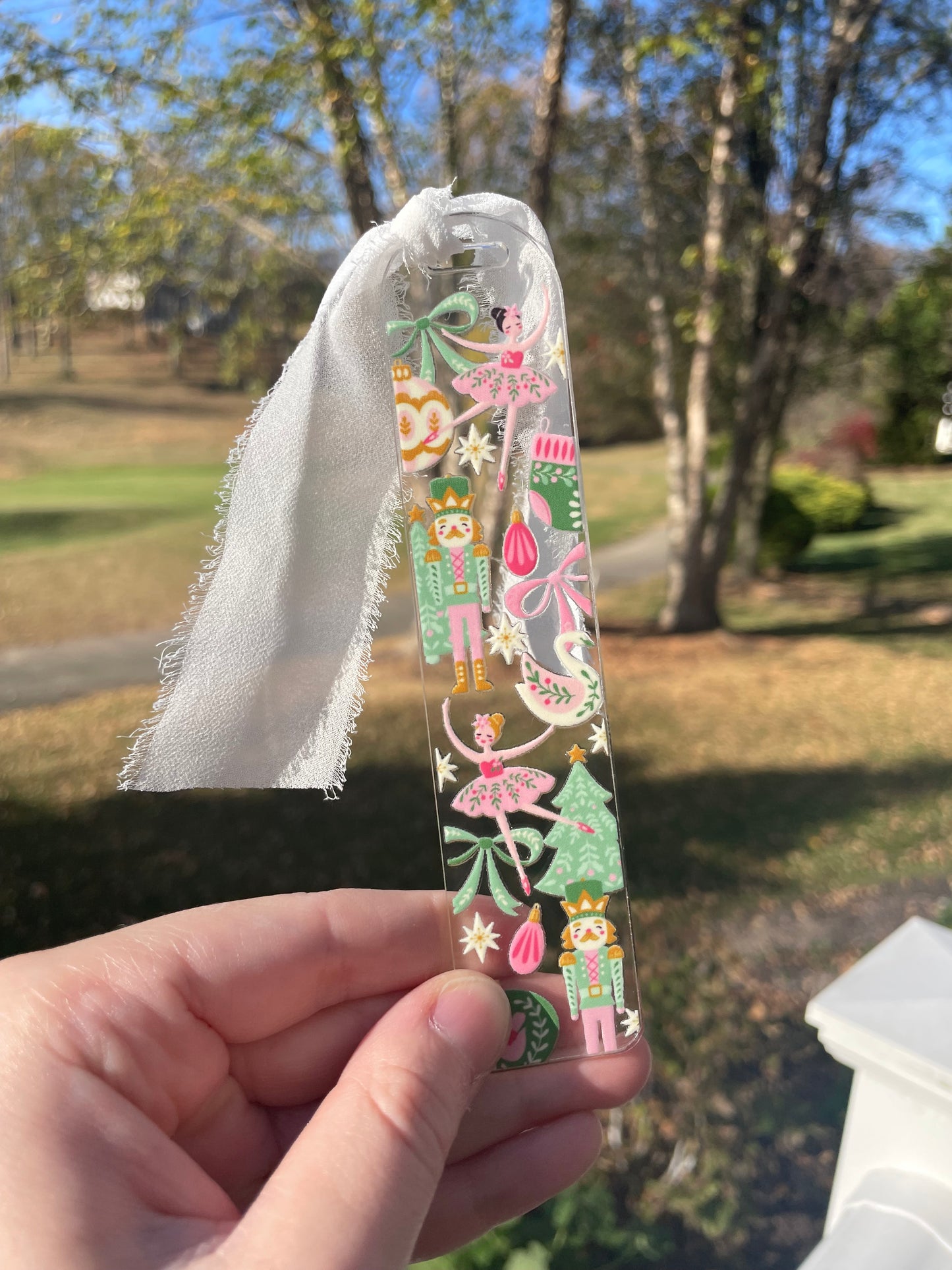 Beautiful Nutcrackers and Ornaments Clear Acrylic Bookmark with Chiffon Ribbon