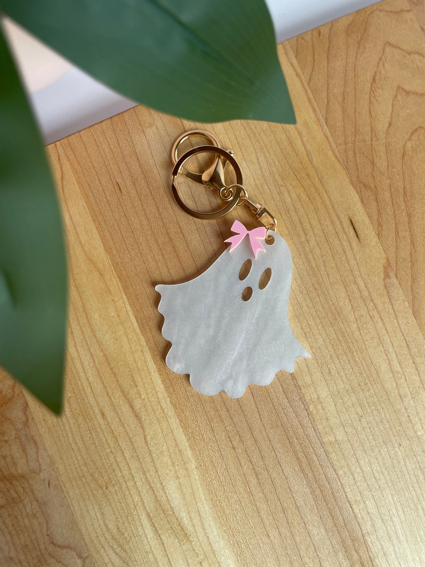 Pearl White Ghostie Bow Keychain with Gold Features by