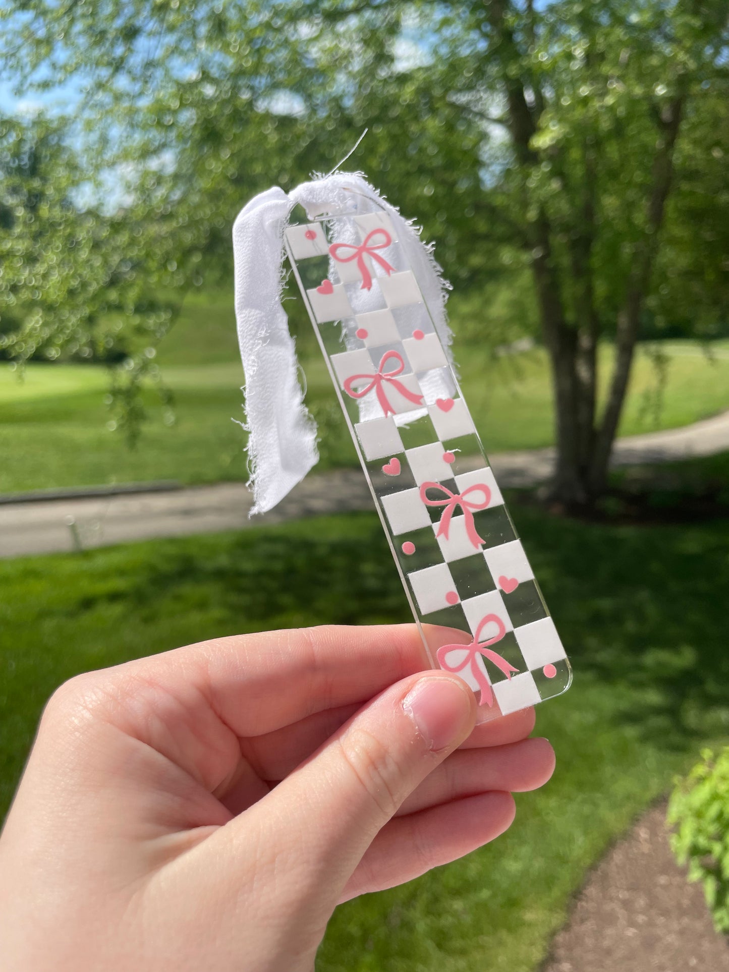 Light Pink Pretty Checkered Bows Girly Clear Acrylic Bookmark with Chiffon Ribbon