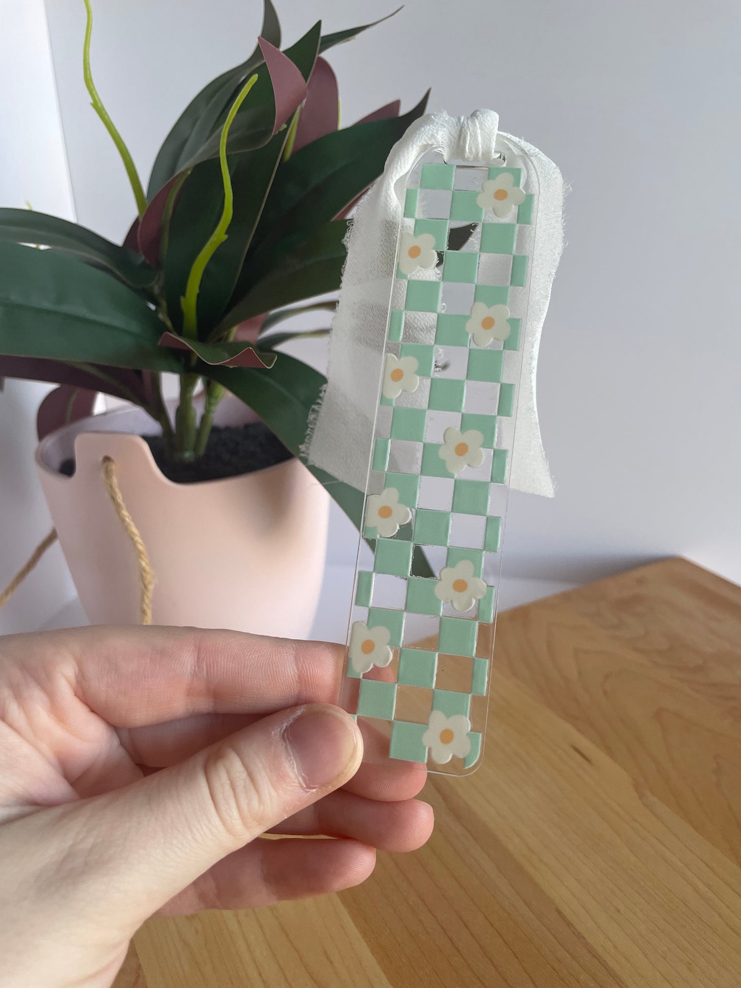 Teal Checkered Daises Clear Acrylic Bookmark with Chiffon Ribbon