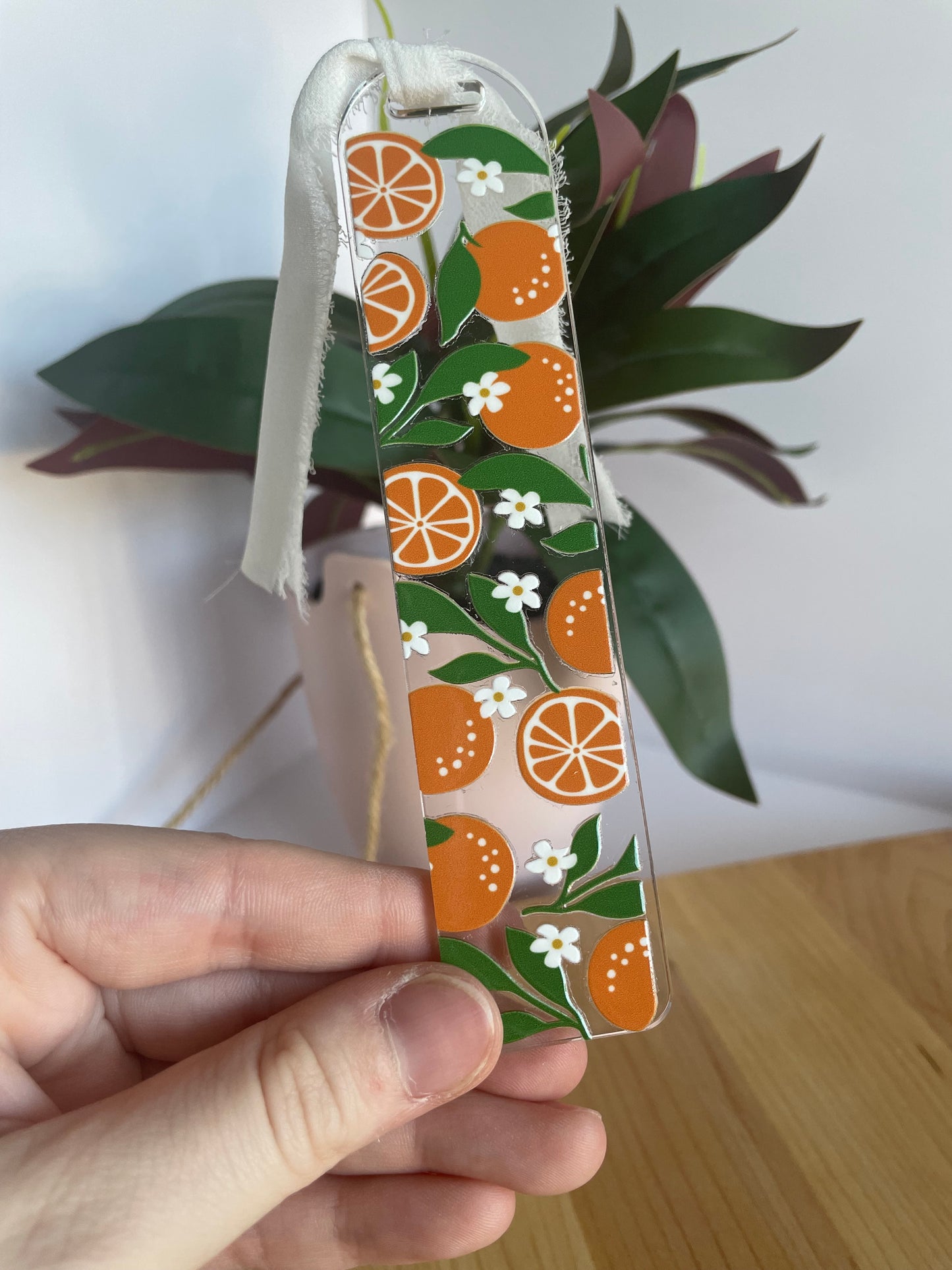 Summer Oranges Clear Acrylic Bookmark with Chiffon Ribbon
