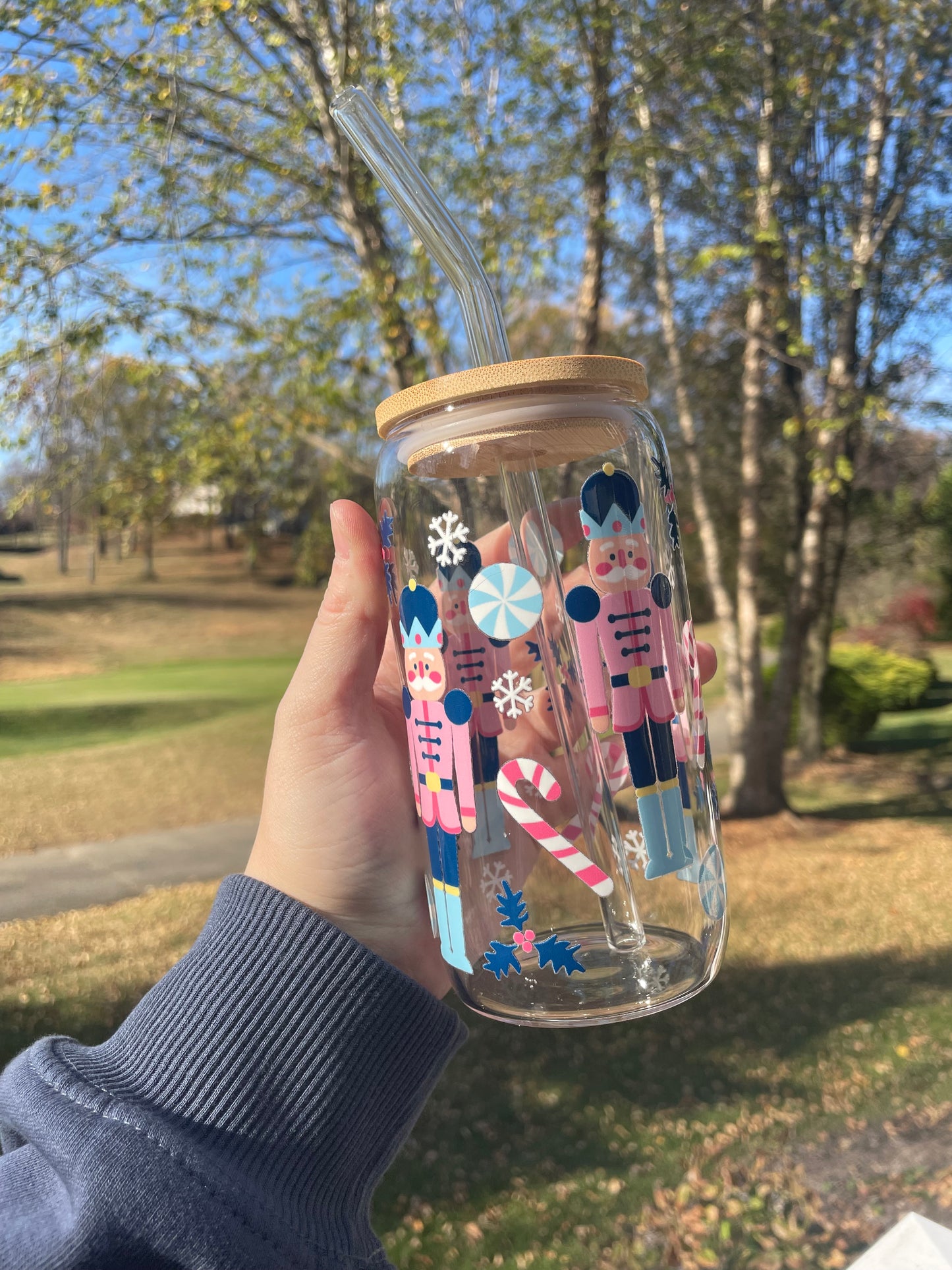 Blue Nutcrackers Holiday Glass Cup with Bamboo Lid and Glass Straw