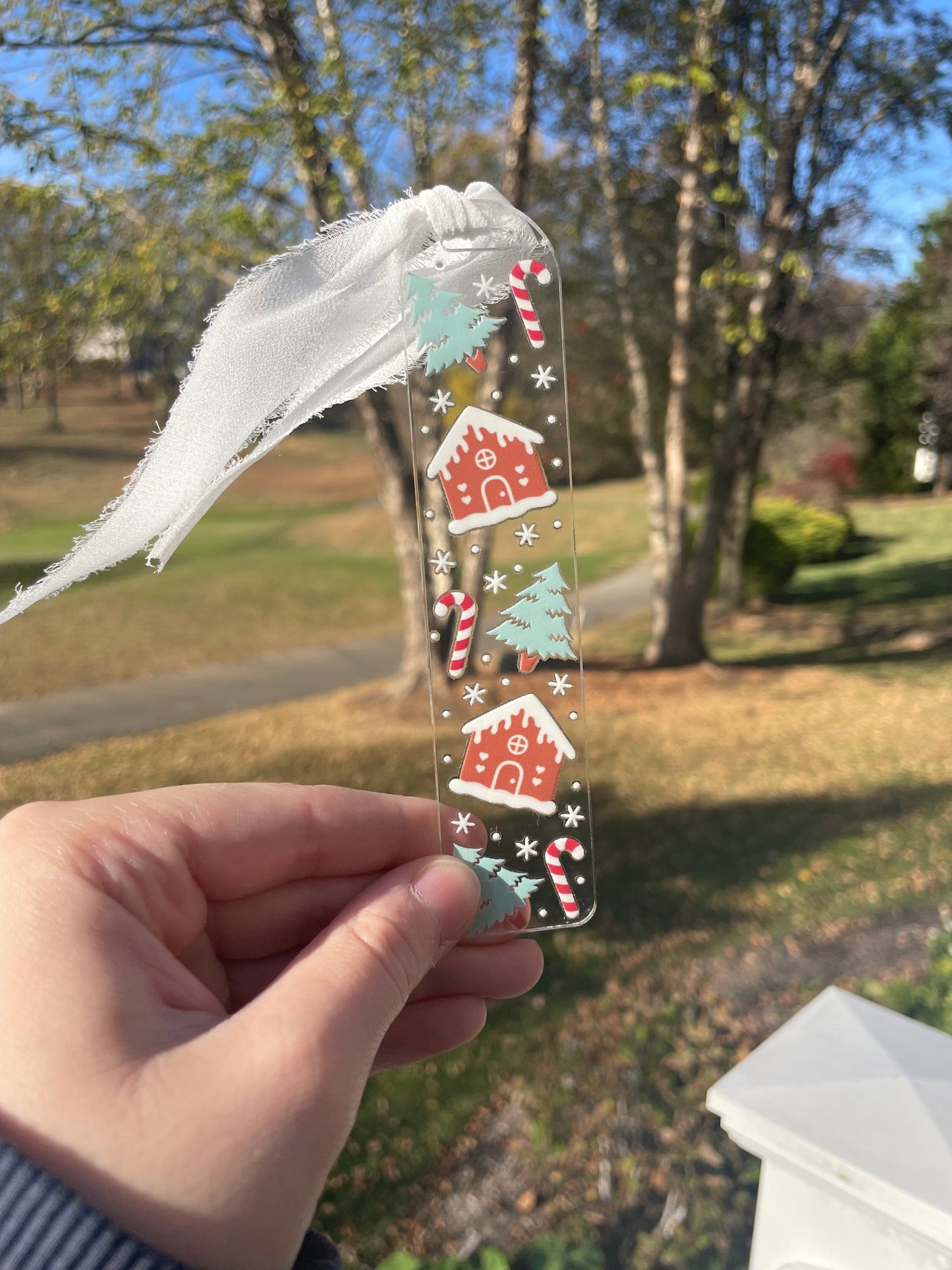 Gingerbread Houses and Snowy Trees Clear Acrylic Bookmark with Chiffon Ribbon