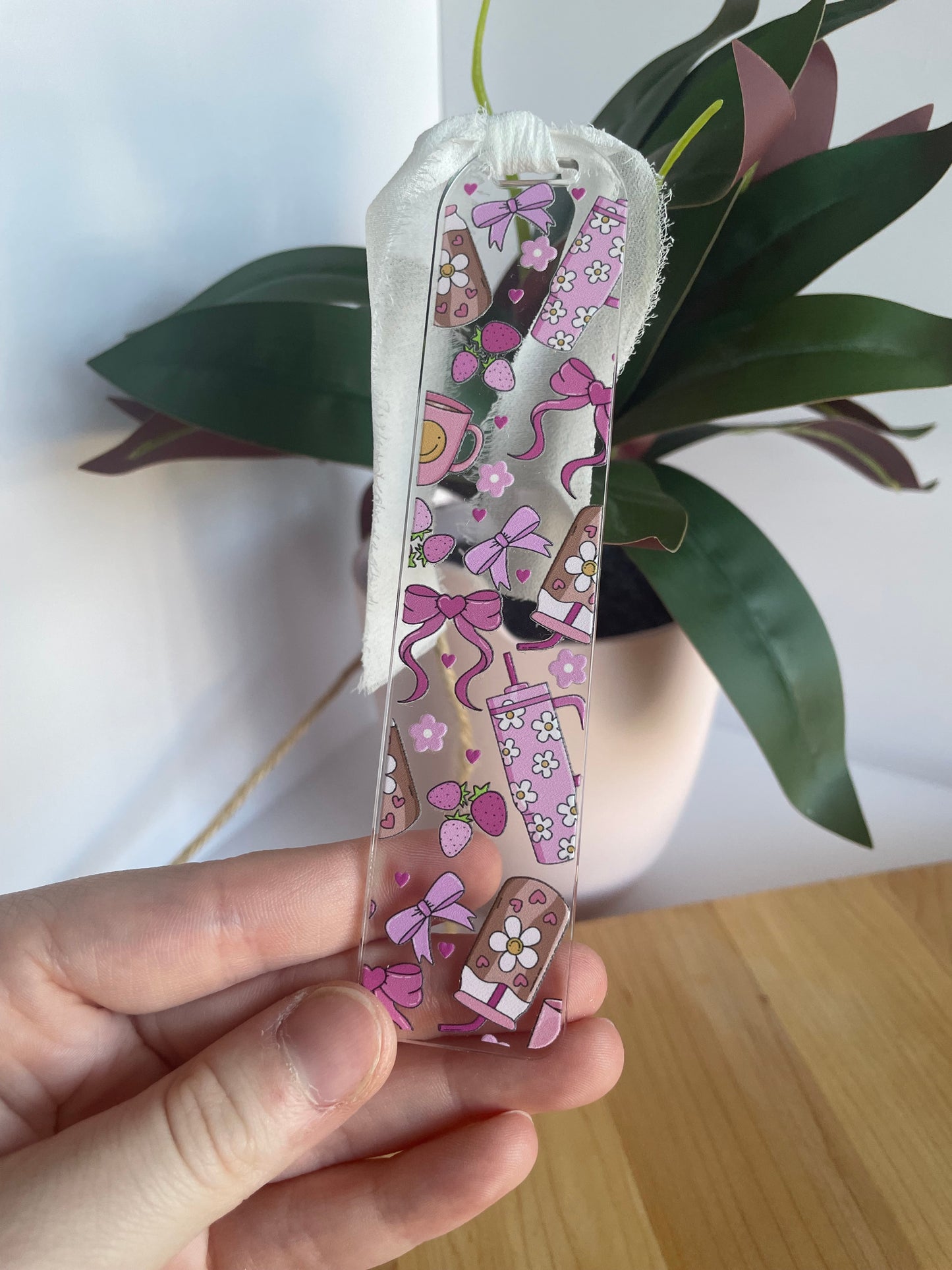 Pink Groovy Girl Clear Acrylic Bookmark with Chiffon Ribbon