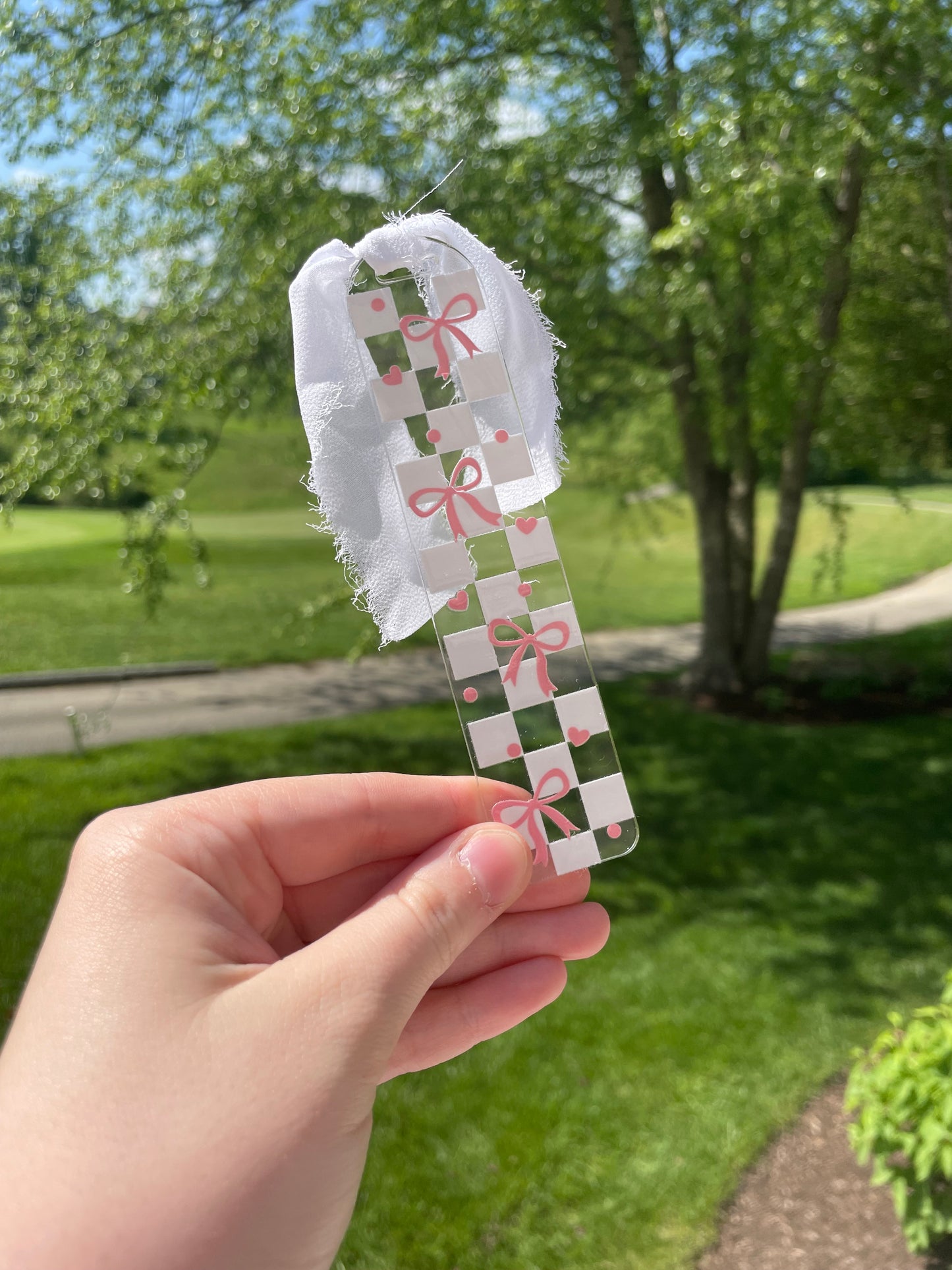 Light Pink Pretty Checkered Bows Girly Clear Acrylic Bookmark with Chiffon Ribbon