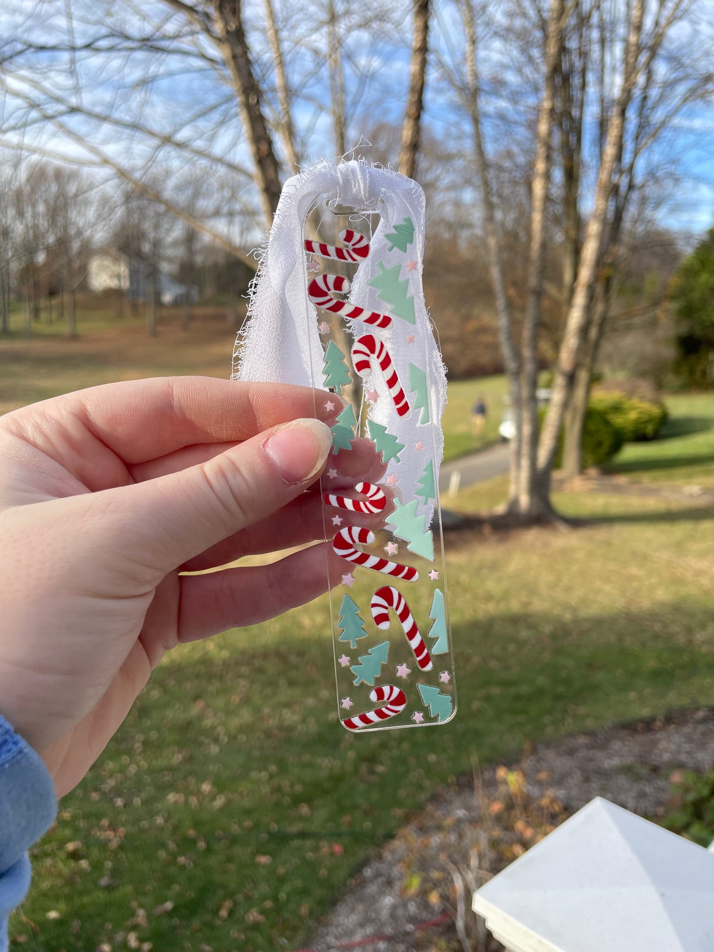 Candy Canes and Holiday Trees Clear Acrylic Bookmark with Chiffon Ribbon