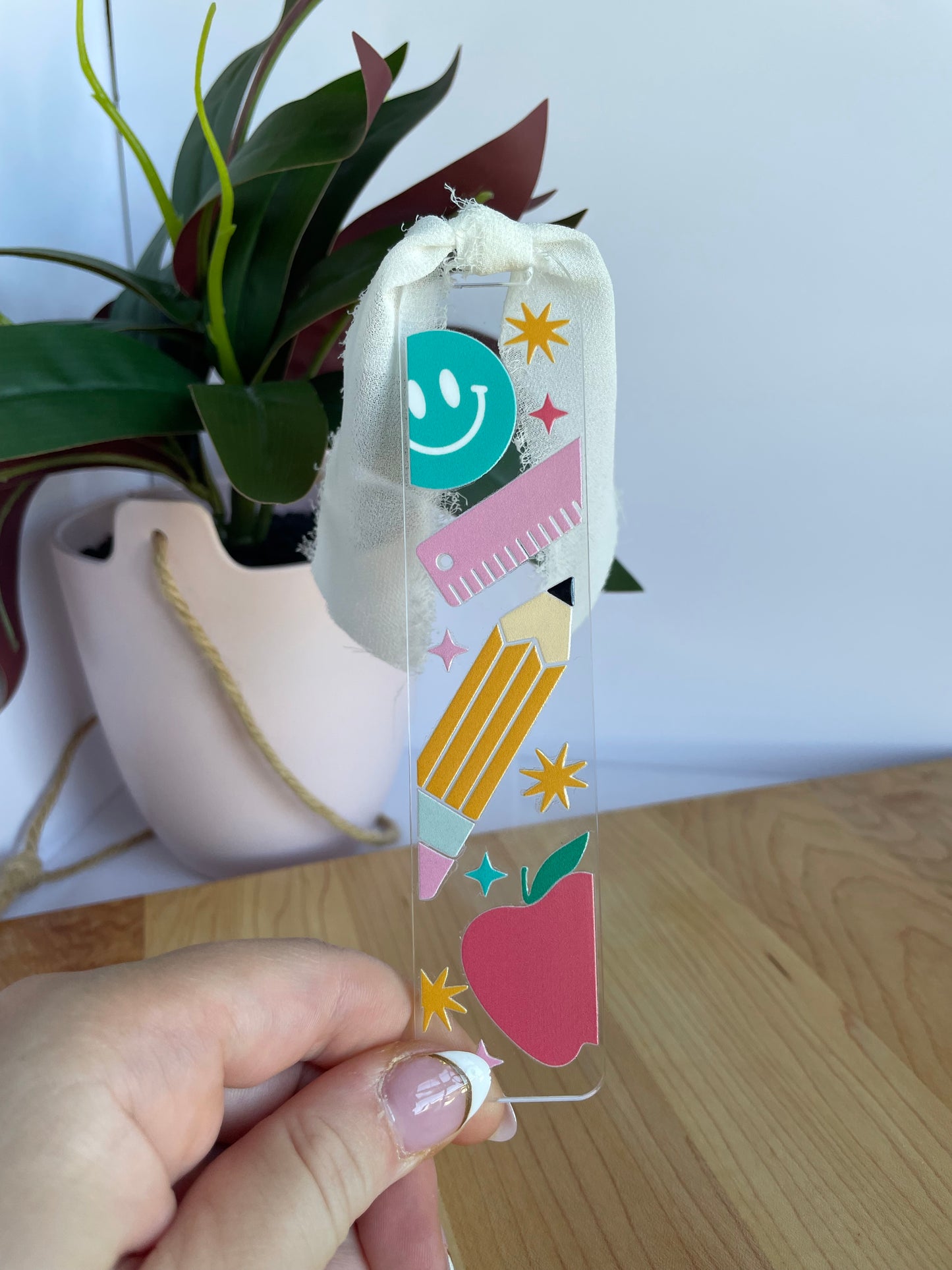 Teacher Supplies Clear Acrylic Bookmark with Chiffon Ribbon