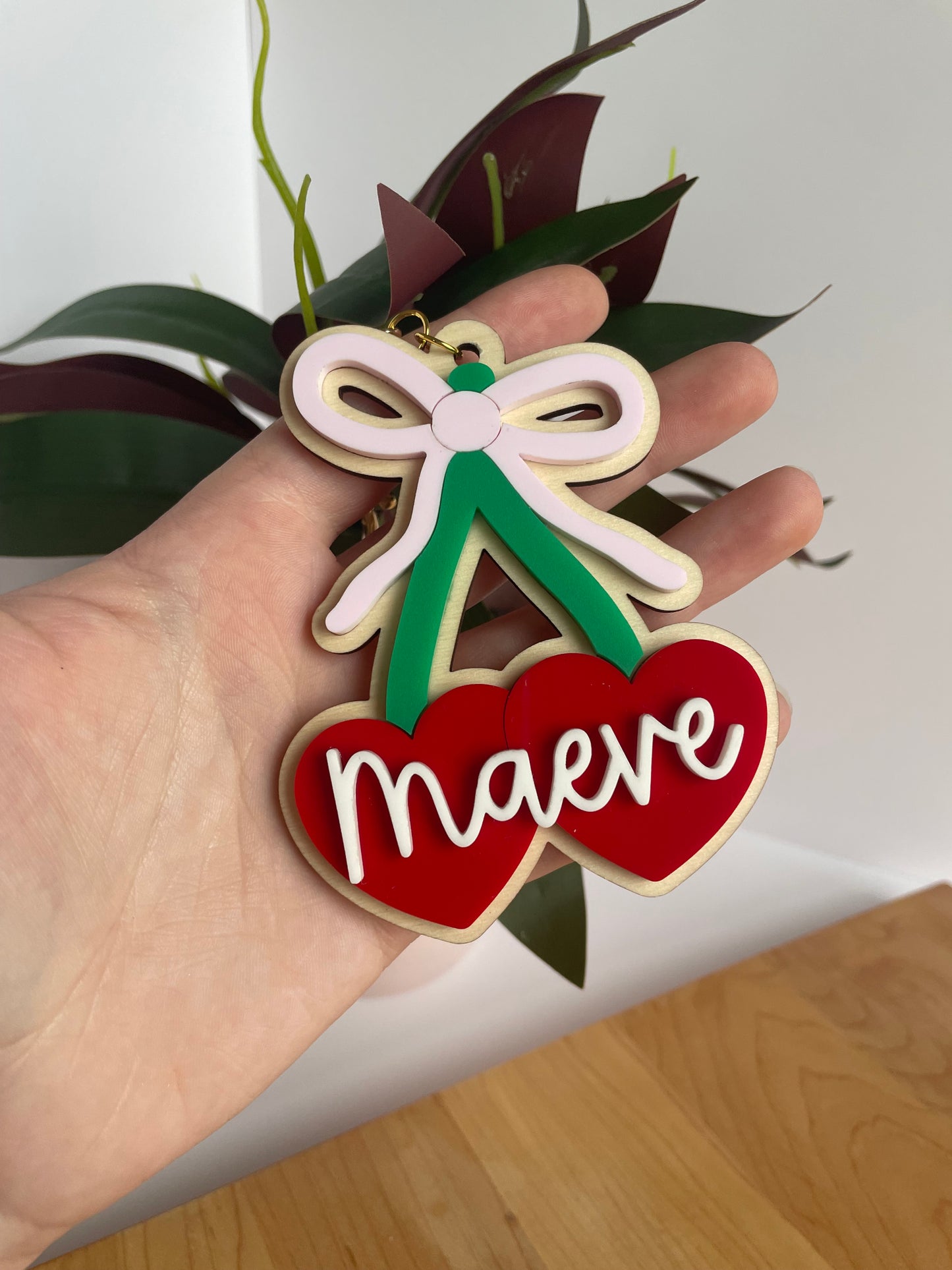 Cute Cherry and Bow Acrylic Keychain with Gold Features