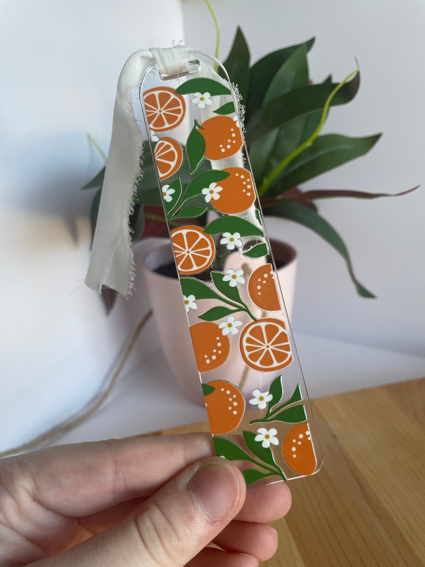 Summer Oranges Clear Acrylic Bookmark with Chiffon Ribbon