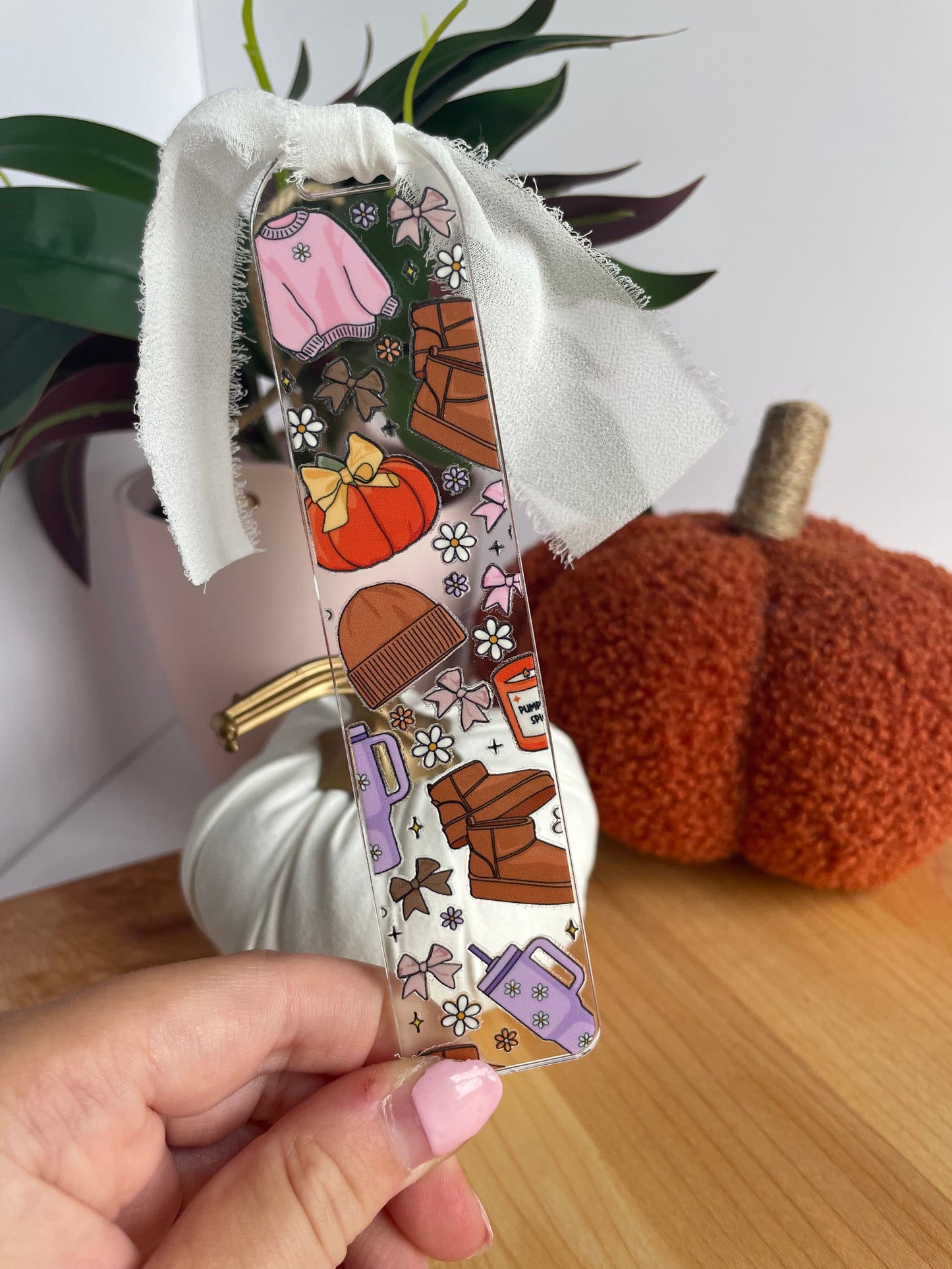 Comfy Fall Outfit Clear Acrylic Bookmark with Chiffon Ribbon