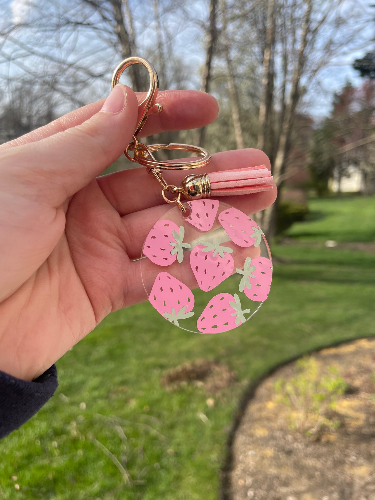 Cute Strawberries Circle Clear Acrylic Keychain with Tassel and Gold Features
