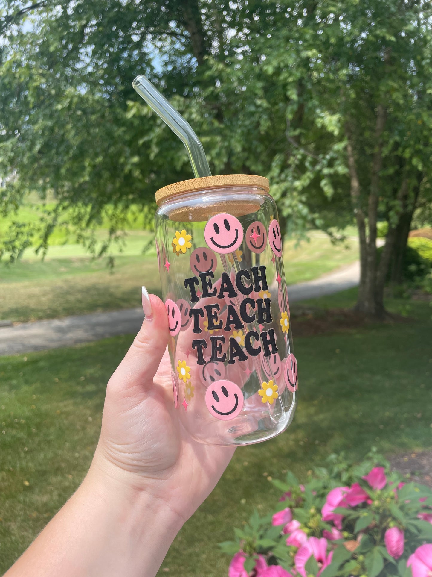 Happy Smiley Faces and Flowers Teaching Glass Cup with Bamboo Lid and Glass Straw