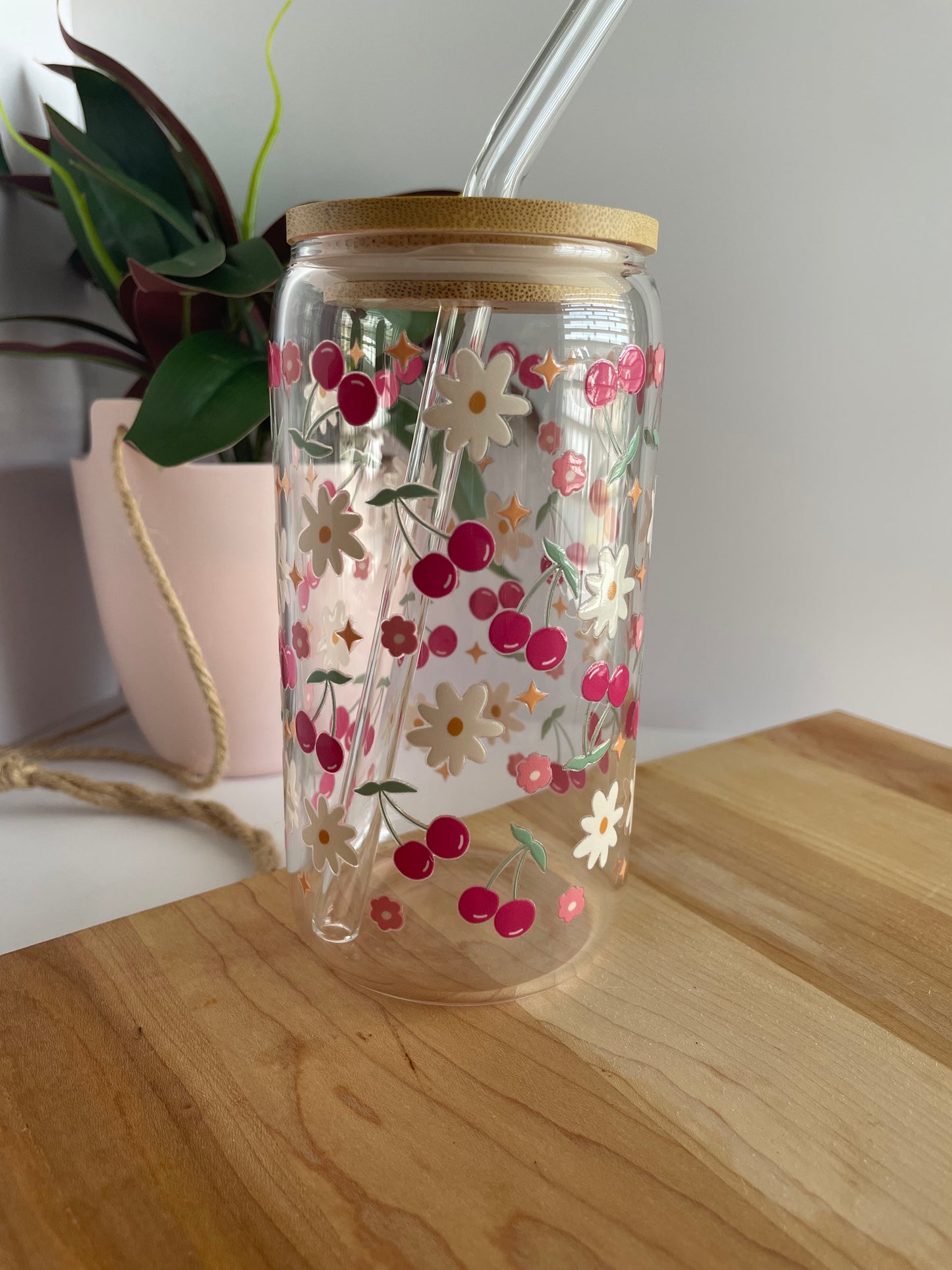 Pretty Cherries and Flowers Glass Cup with Bamboo Lid and Glass Straw