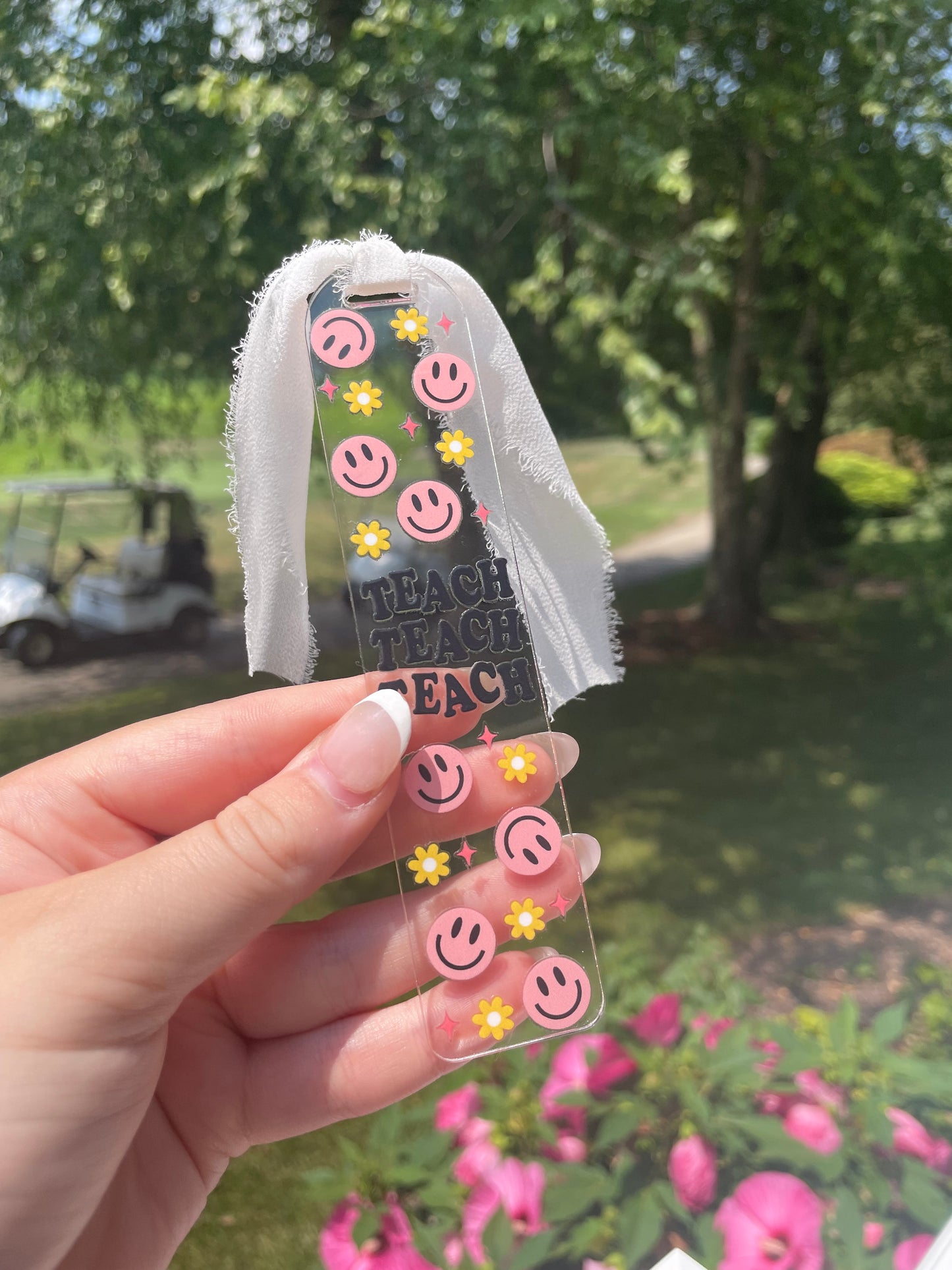 Teaching Smiley Face and Flowers Clear Acrylic Bookmark with Chiffon Ribbon