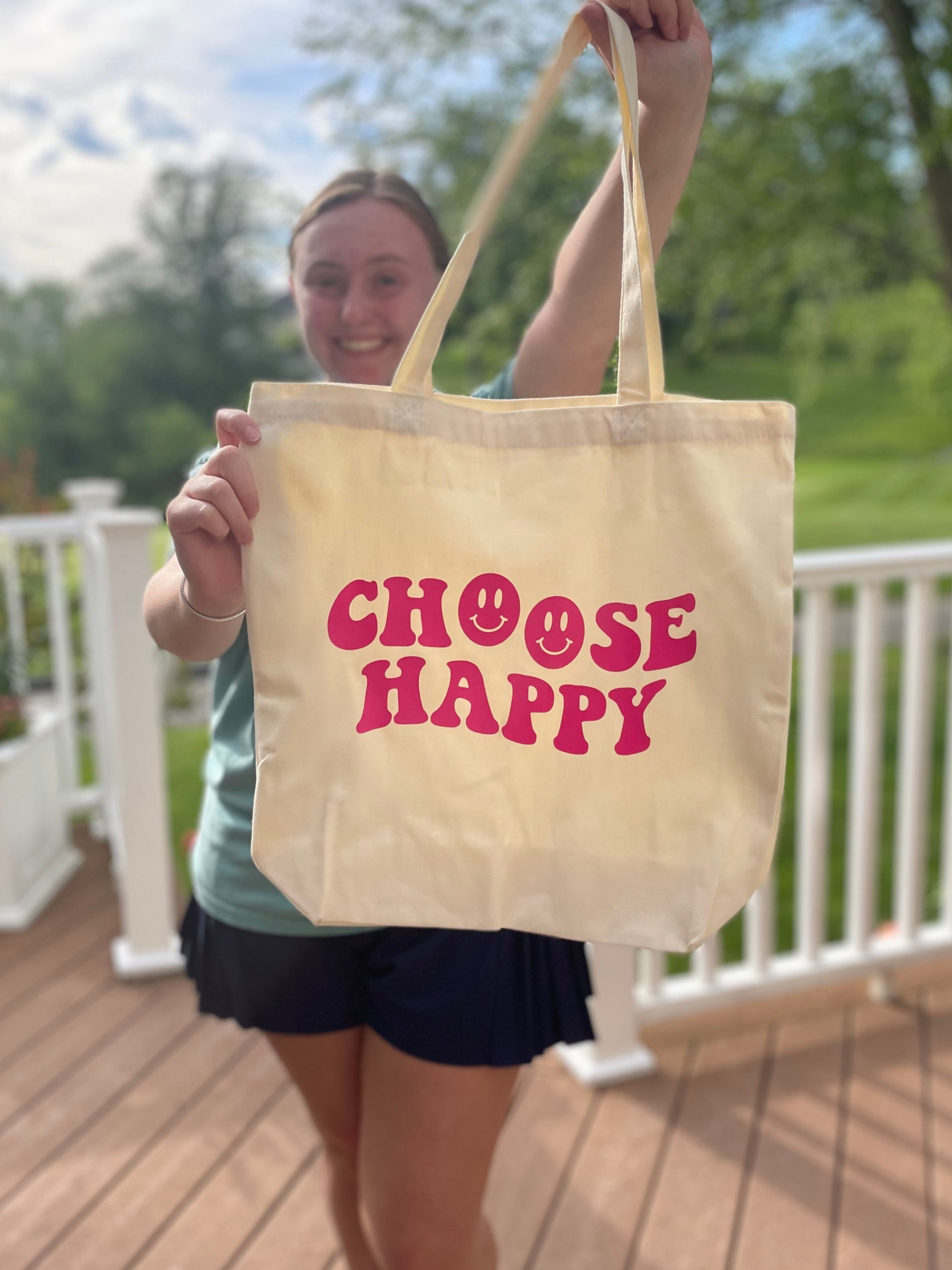 Hot Pink Choose Happy Canvas Tote Bag