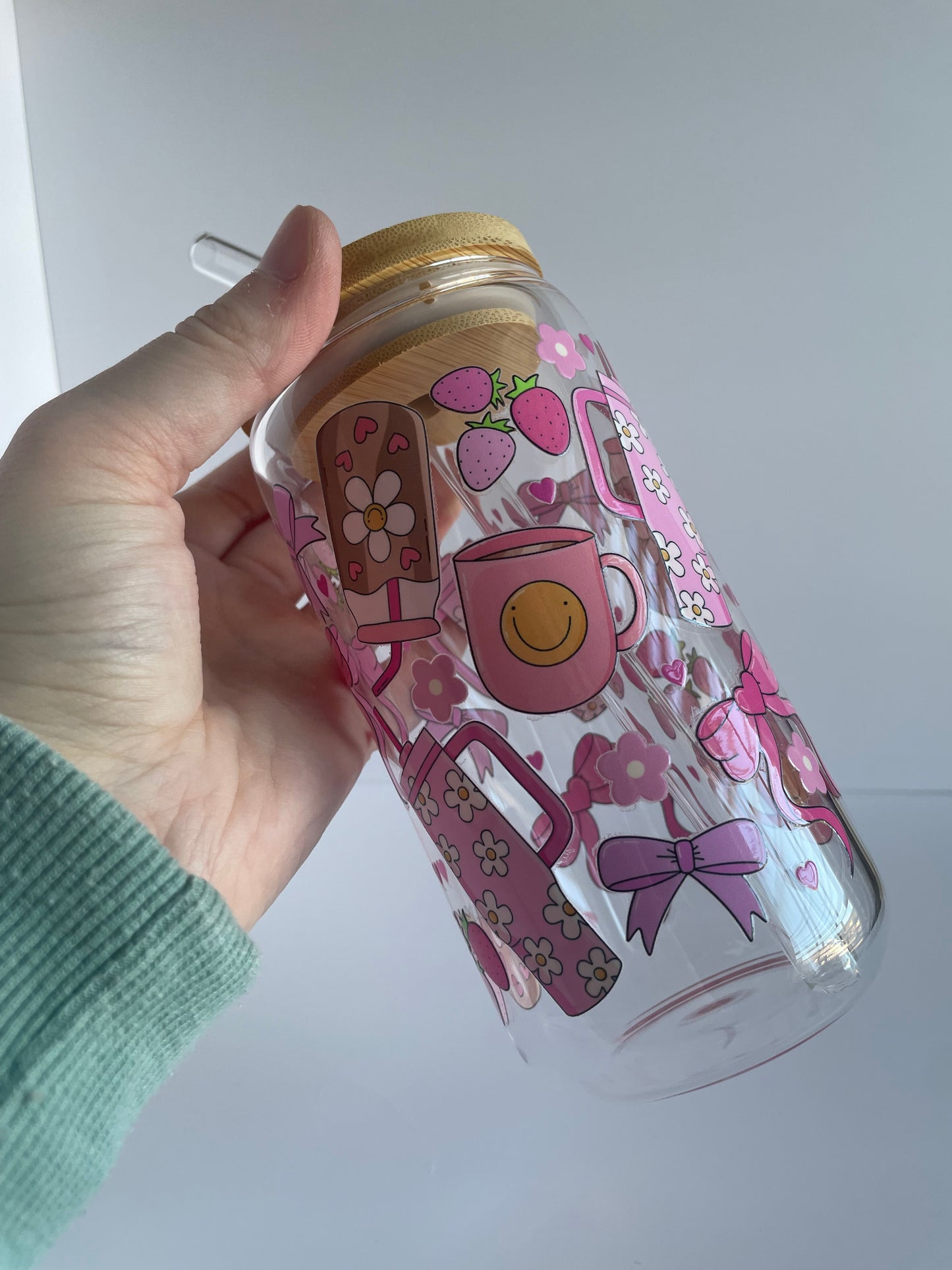 Pink Groovy Girly Glass Cup with Bamboo Lid and Glass Straw
