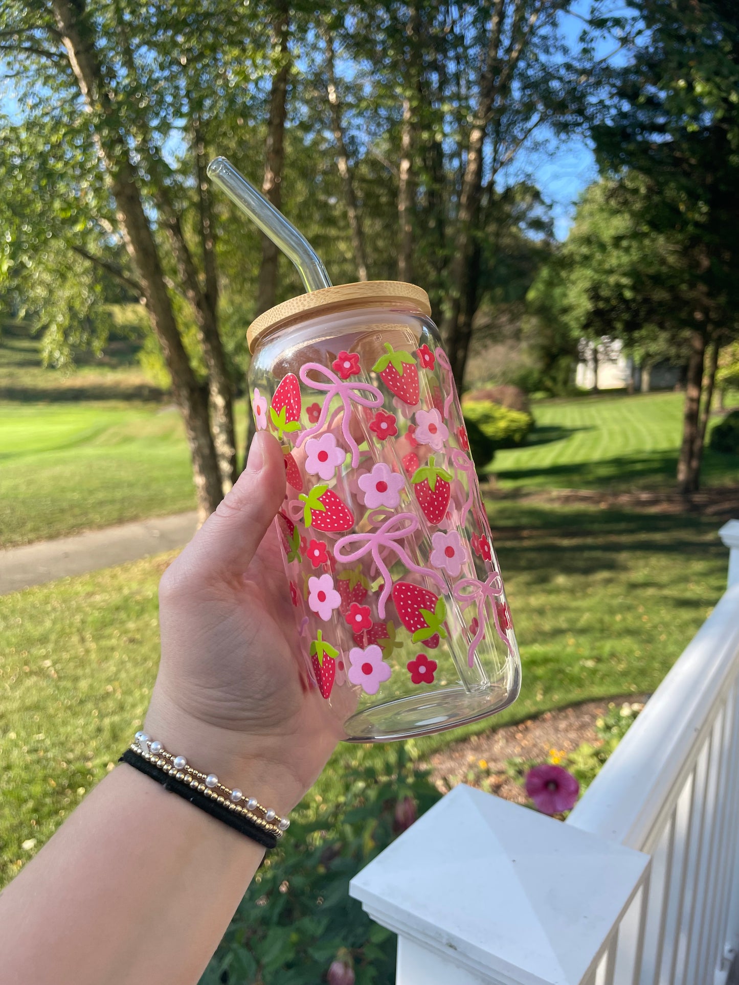 Strawberries and Pink Bows Cute Glass Cup with Bamboo Lid and Glass Straw