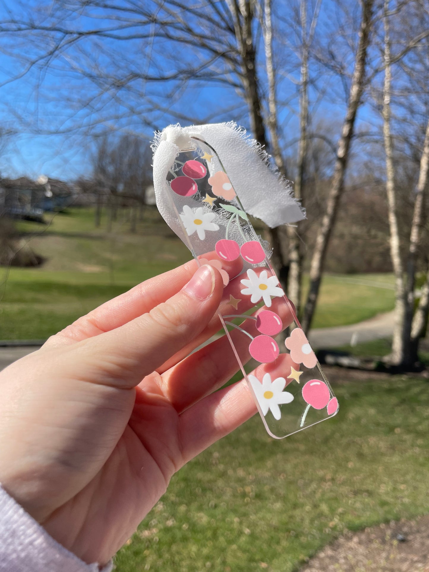 Cherries and Flowers Cute Clear Acrylic Bookmark with Chiffon Ribbon