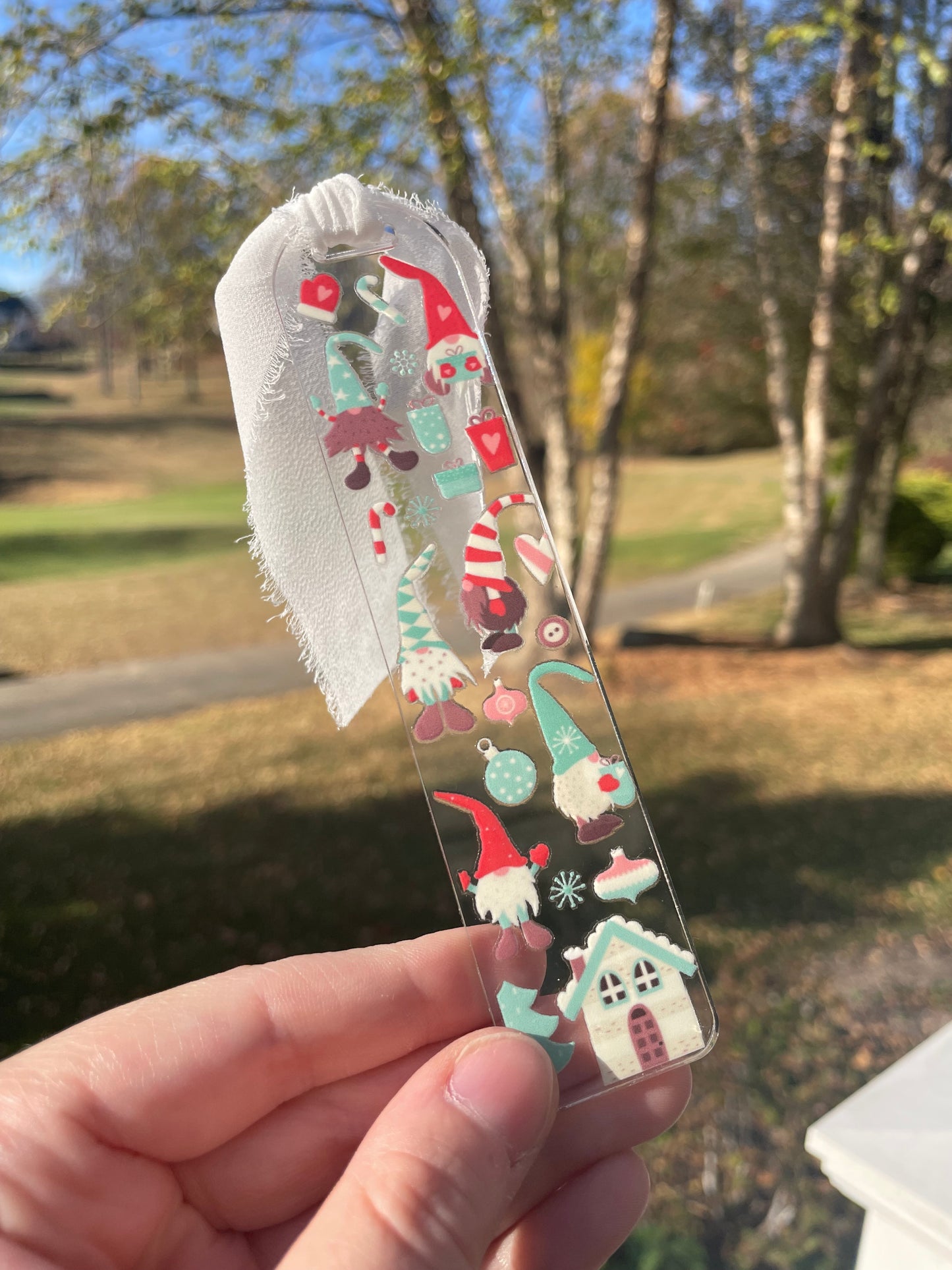 Holiday Gnomes Clear Acrylic Bookmark with Chiffon Ribbon