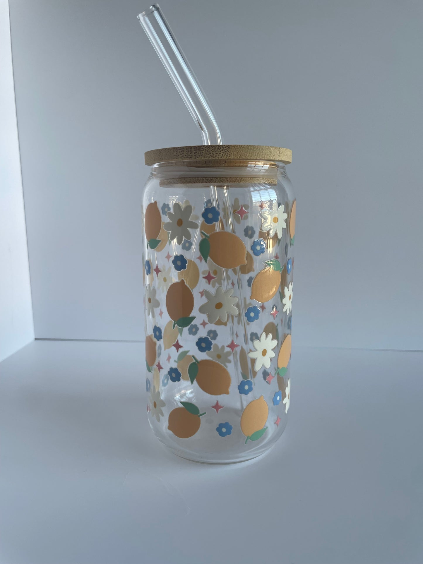Flowers and Lemons Glass Cup with Bamboo Lid and Glass Straw