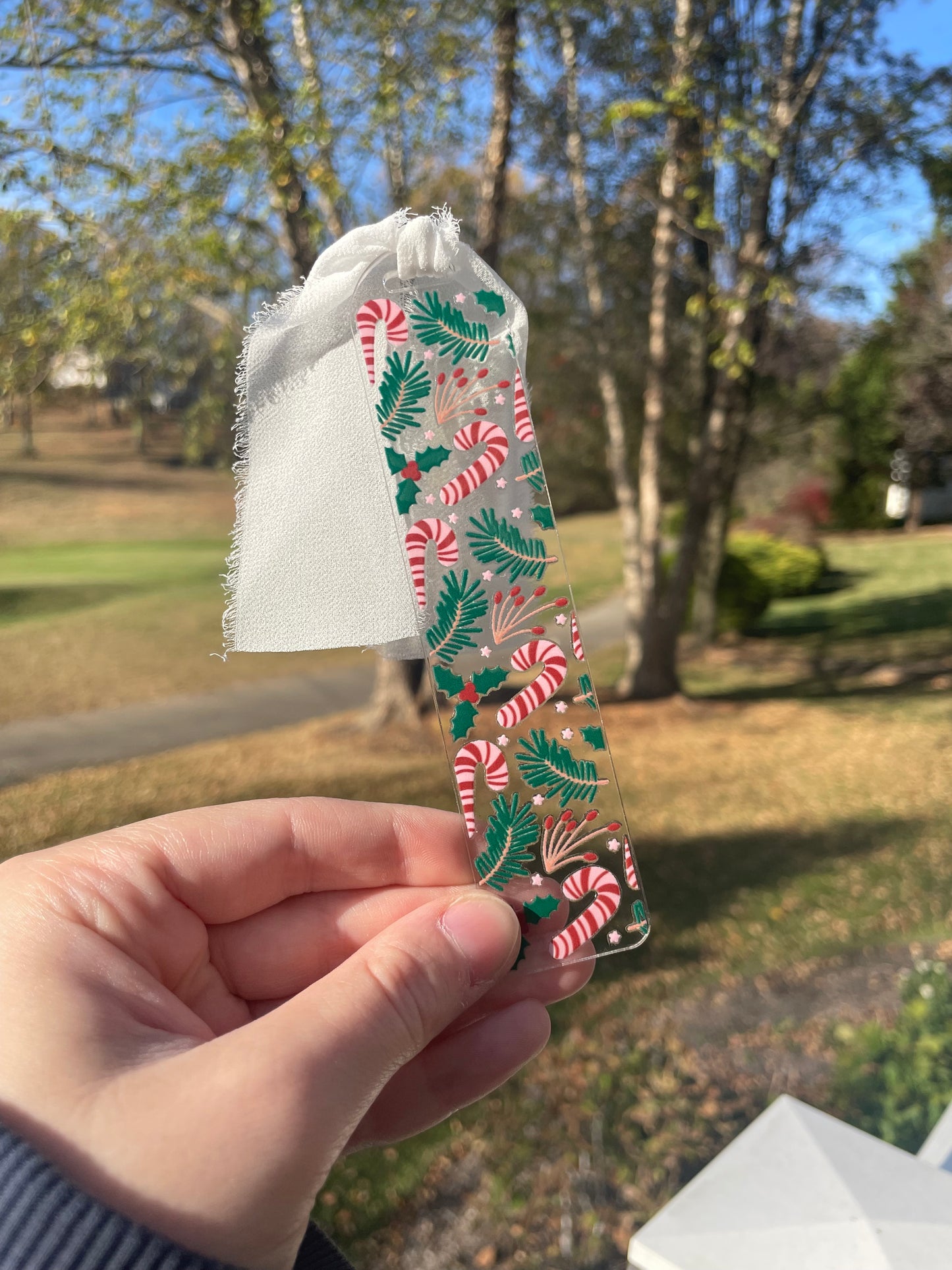 Candy Canes and Greenery Clear Acrylic Bookmark with Chiffon Ribbon