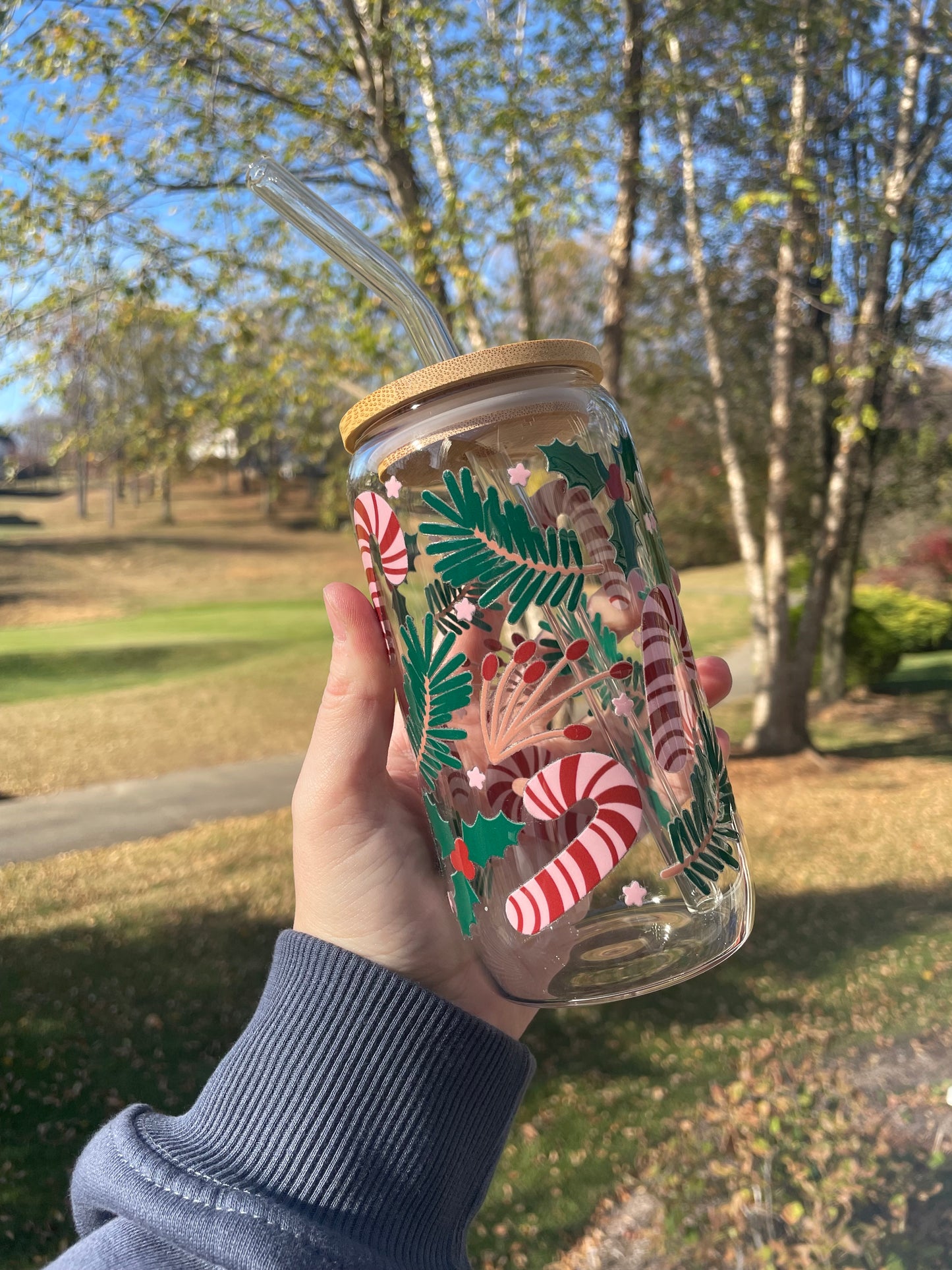 Candy Canes and Greenery Holiday Glass Cup with Bamboo Lid and Glass Straw