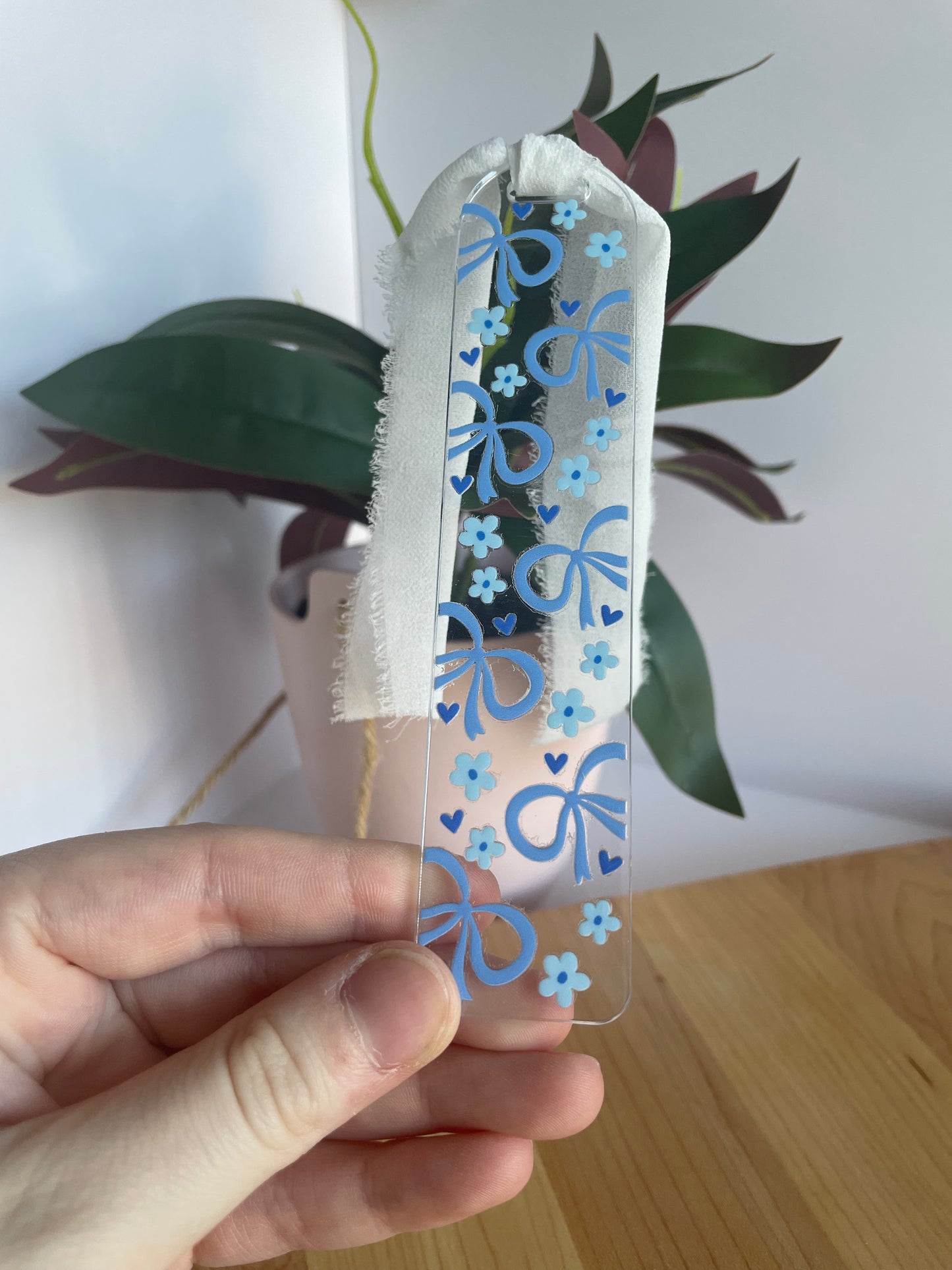Pretty Blue Bows Clear Acrylic Bookmark with Chiffon Ribbon