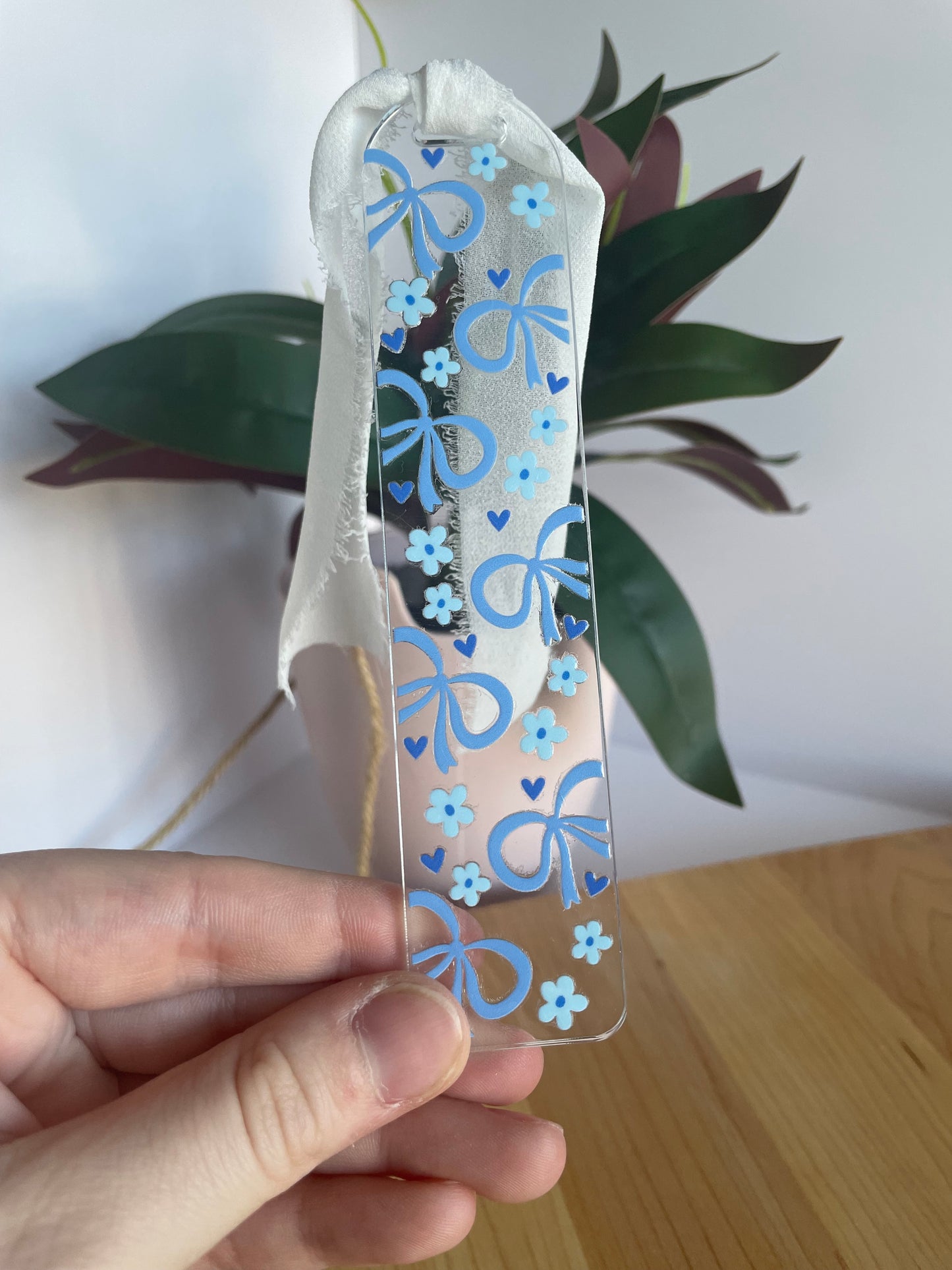 Pretty Blue Bows Clear Acrylic Bookmark with Chiffon Ribbon