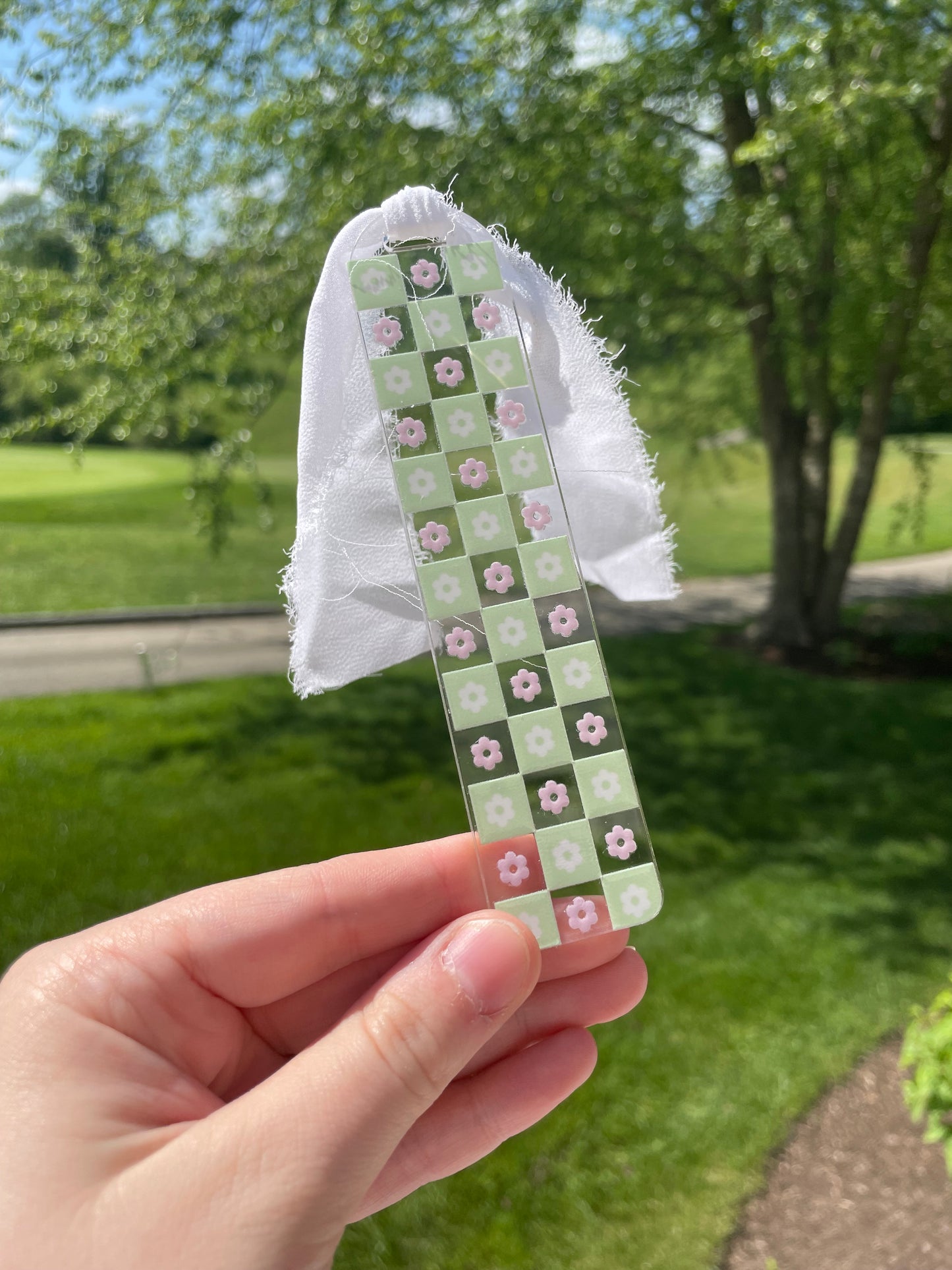 Light Green and Pink Checkered Flowers Clear Acrylic Bookmark with Chiffon Ribbon