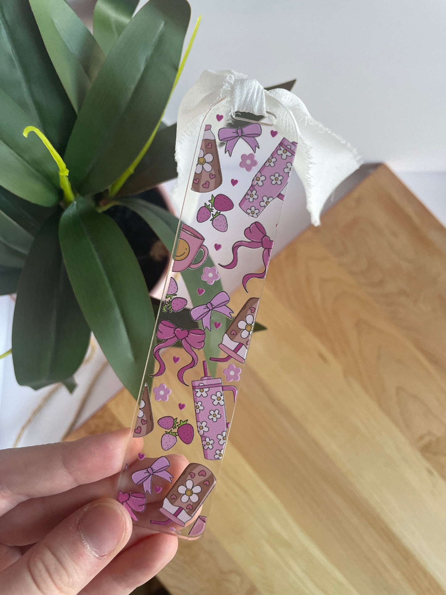 Pink Groovy Girl Clear Acrylic Bookmark with Chiffon Ribbon