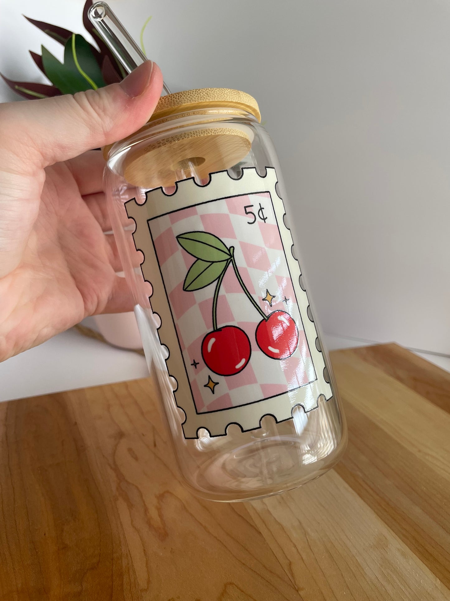 Cherry Stamp Glass Cup with Bamboo Lid and Glass Straw
